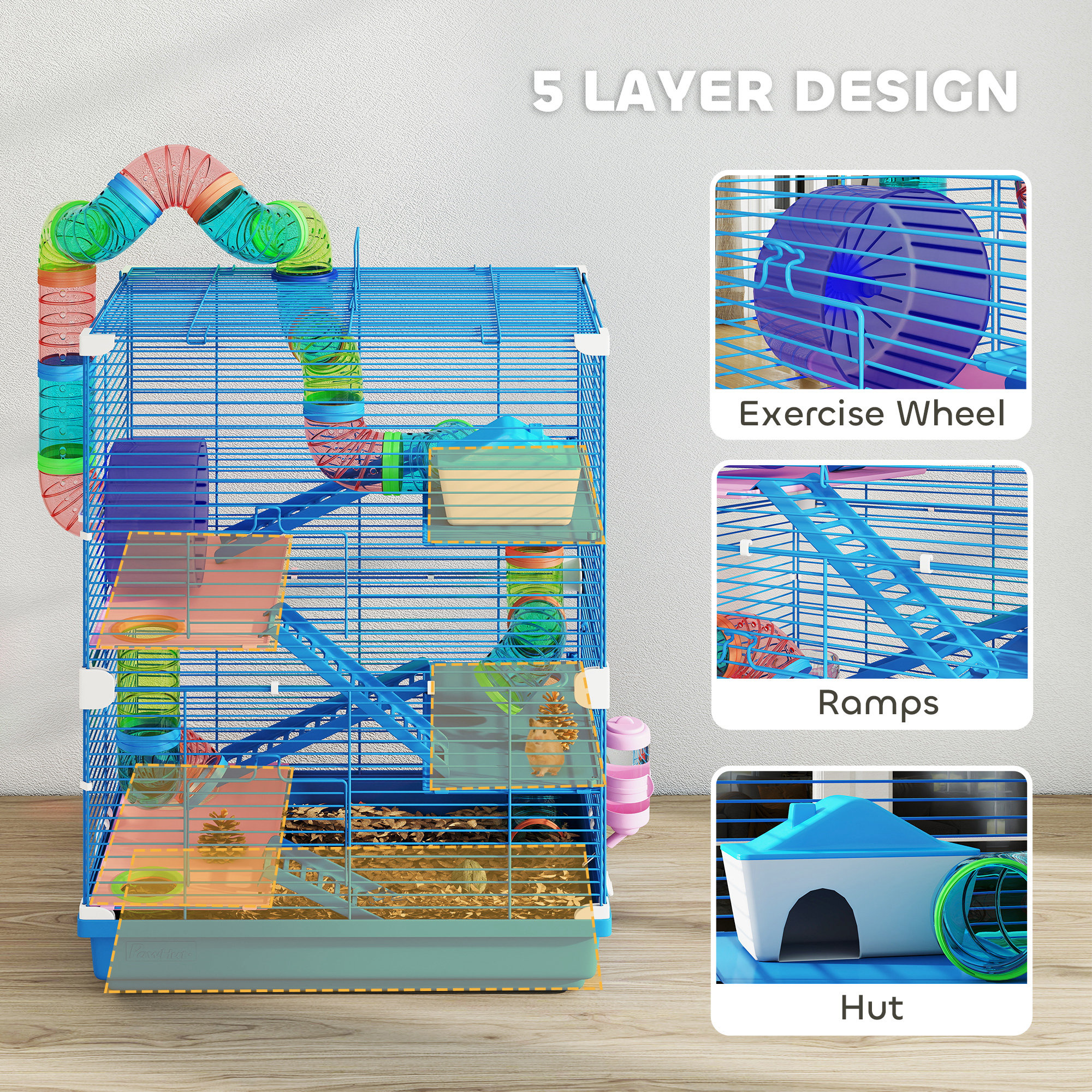 5 Tiers Hamster Cage Portable with Exercise Wheels Play Tube Water Bottle Dishes House Ladder for Gerbils, Dark Blue