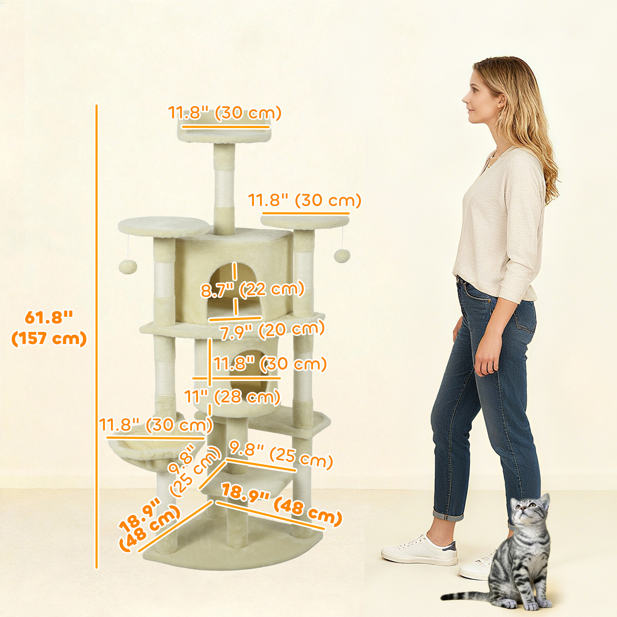 62" Cat Tree with Scratching Post, 2 Condos, Hammock, Perches, Plush, Pompoms, for Indoor Cats, Beige - Image 3