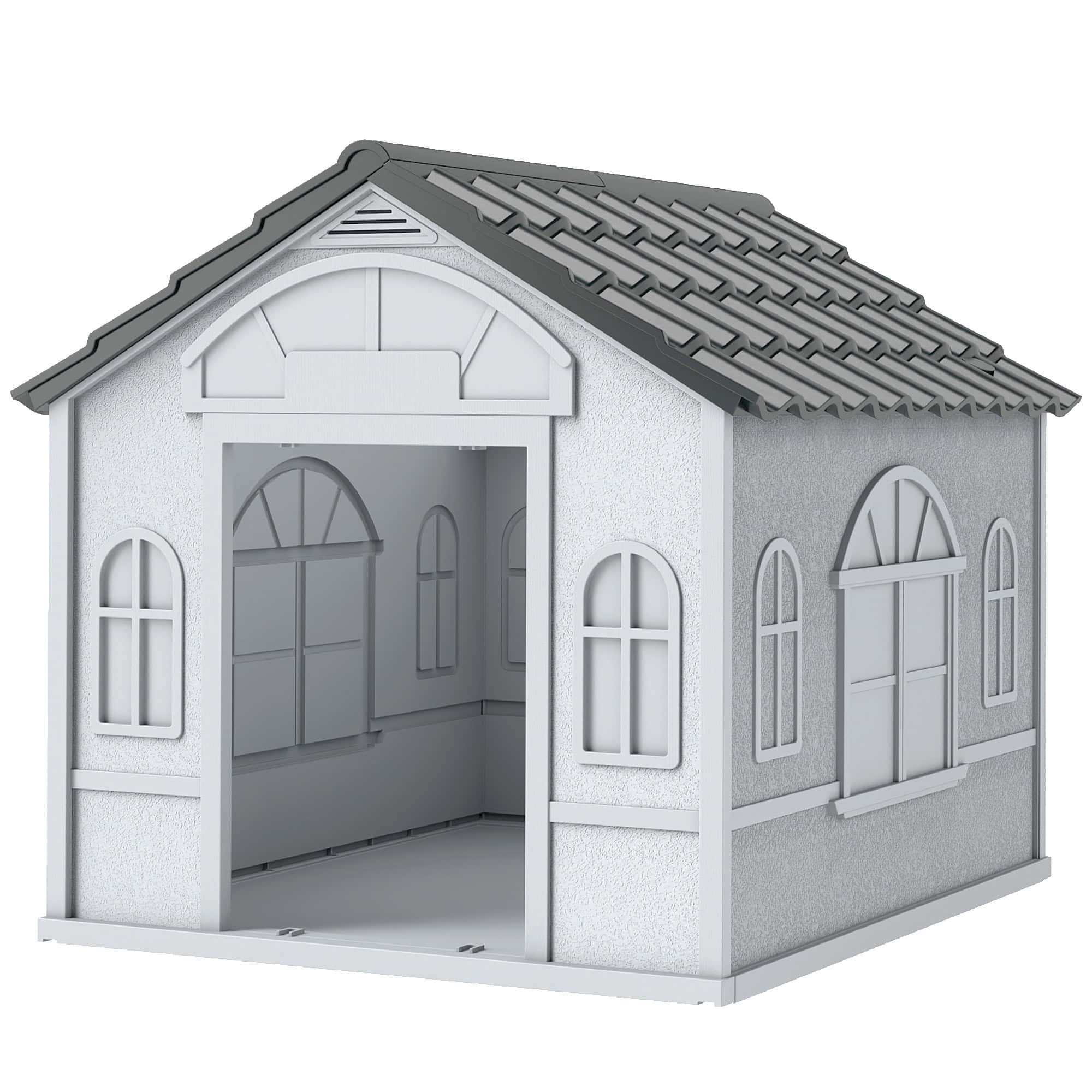 26" Plastic Dog House Outdoor with Air Vents, for Small Medium Dogs, Grey
