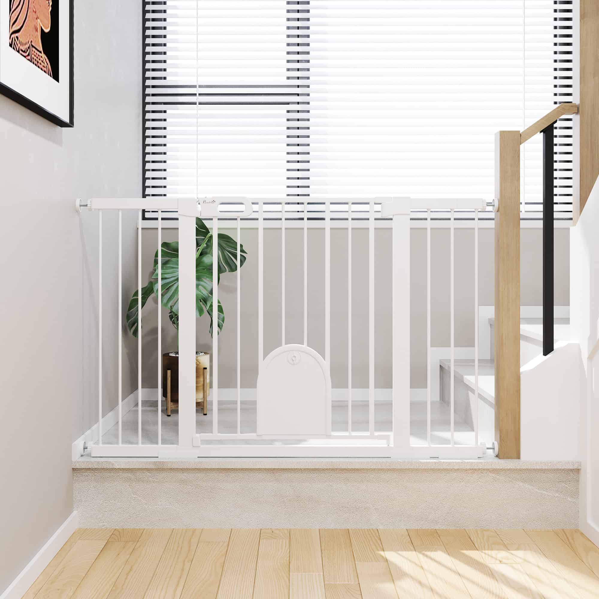 30"-52" Extra Wide Pet Gate Barrier with Small Door, 30"H Dog Gate with Safety Gate Barrier, Stair Pressure Fit, White