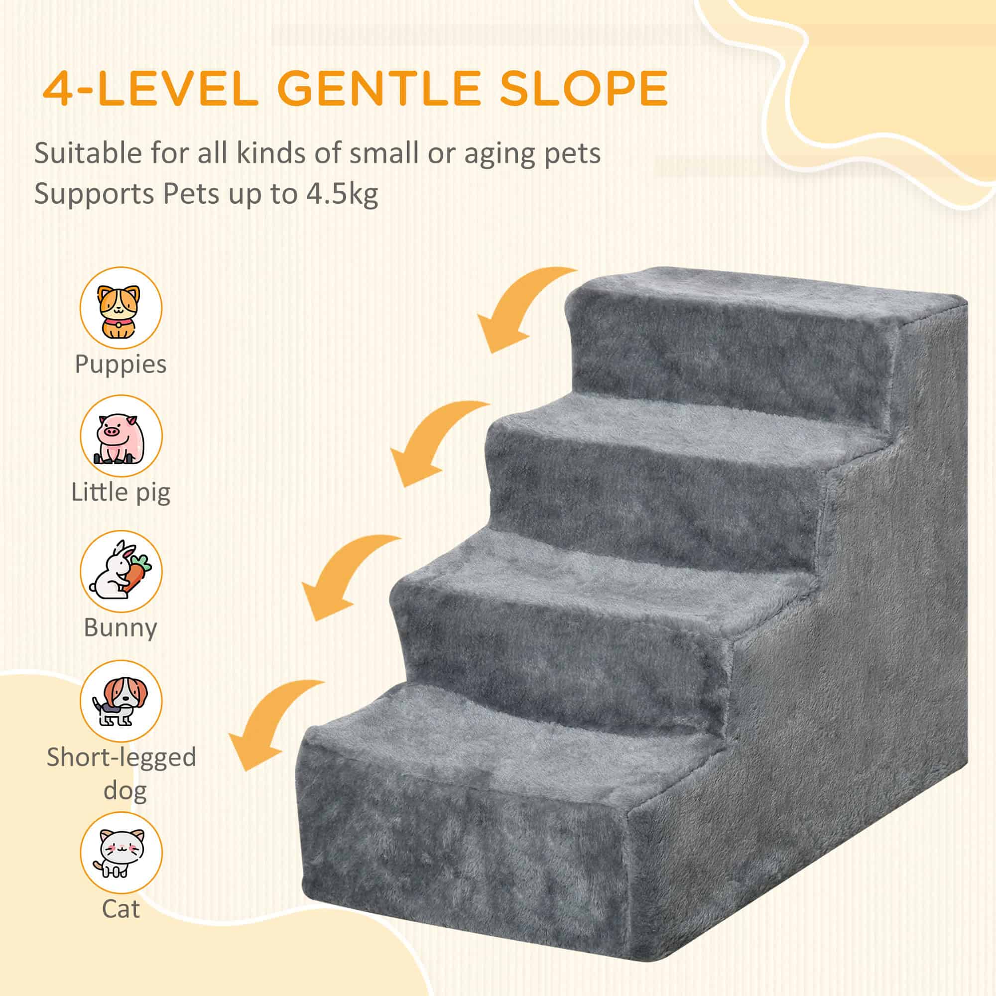4-Step Dog Ramp for Sofa, Bed, and Couch, with Removable Cover, Light Grey
