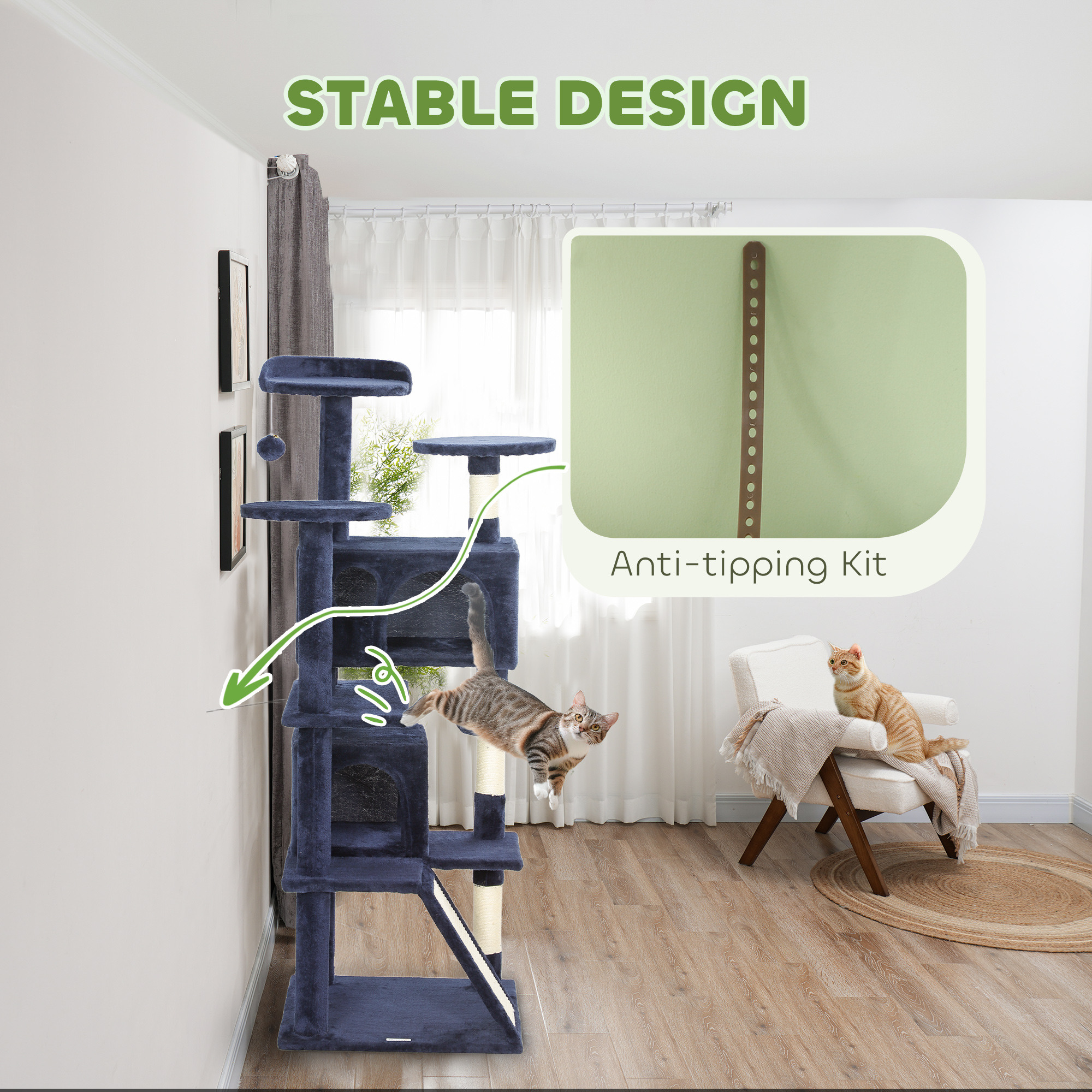 54" Cat Tree, Multi-Level Cat Tower with Scratching Posts, Cat Condos, Bed, Platforms, Ramp, Toy Ball, Dark Blue