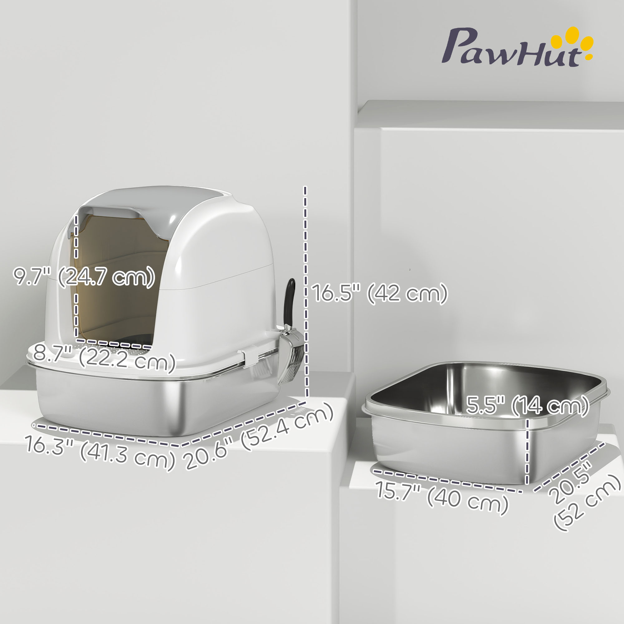 Large Stainless Steel Cat Litter Box with Lid, Enclosed Cat Litter Box with Flip Cover, Scoop