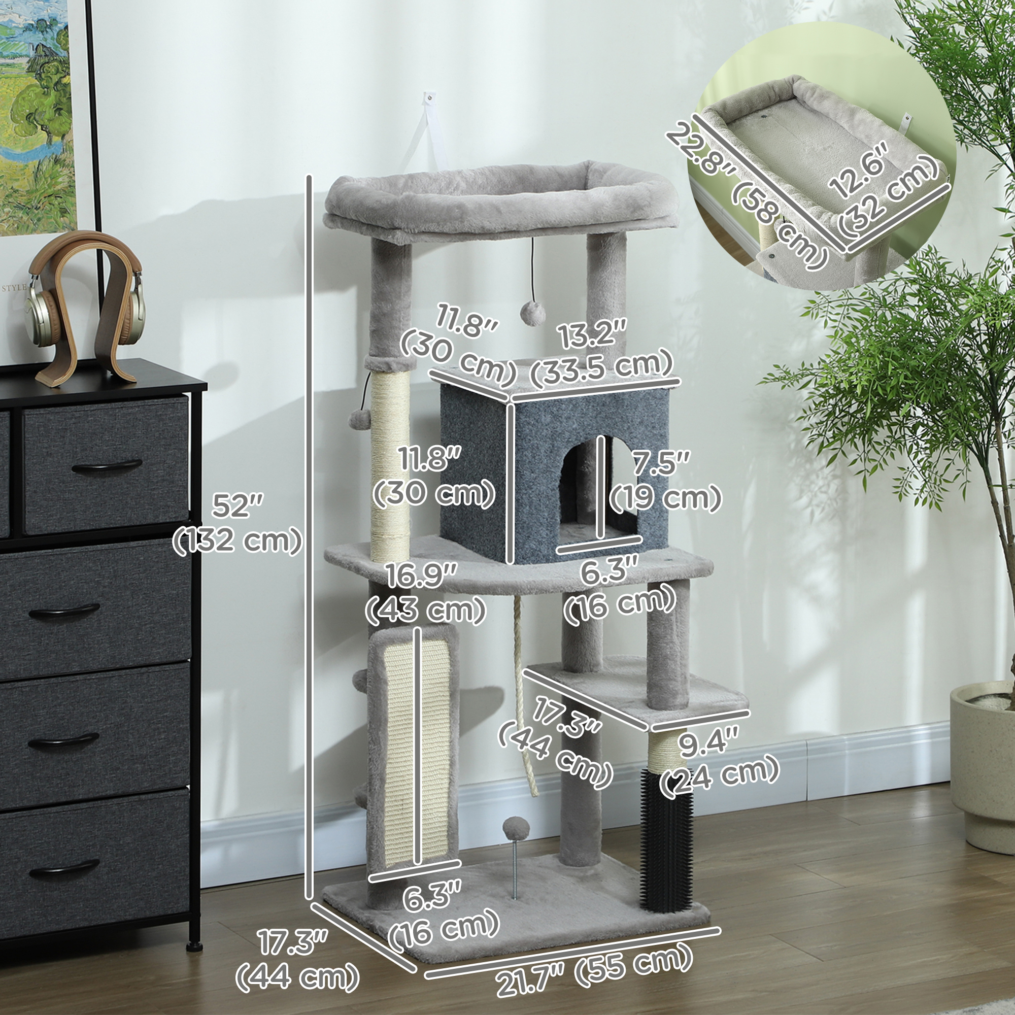 52 Inch Cat Tree with Scratching Posts, Cat Bed, Condo, Grooming Brush, Jumping Platforms, Toy Balls, Anti-tip Kit
