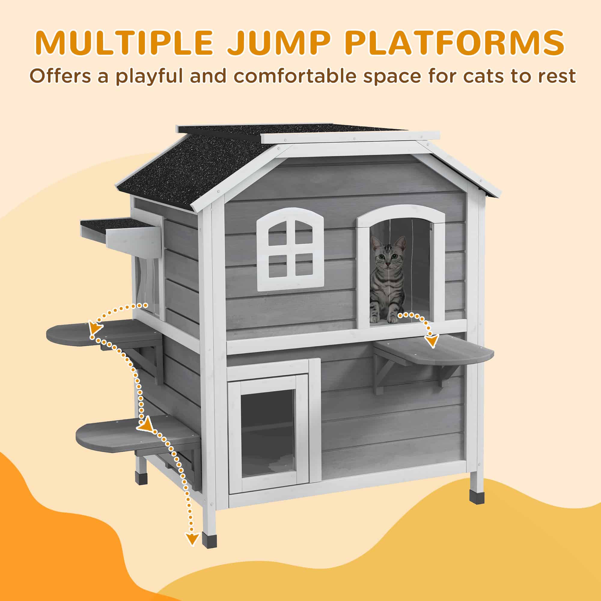 2-Storey Outdoor Cat House, Wooden Catio with Openable Roof, Lounge Space, Fun Entrances, for Feral Cats, Grey