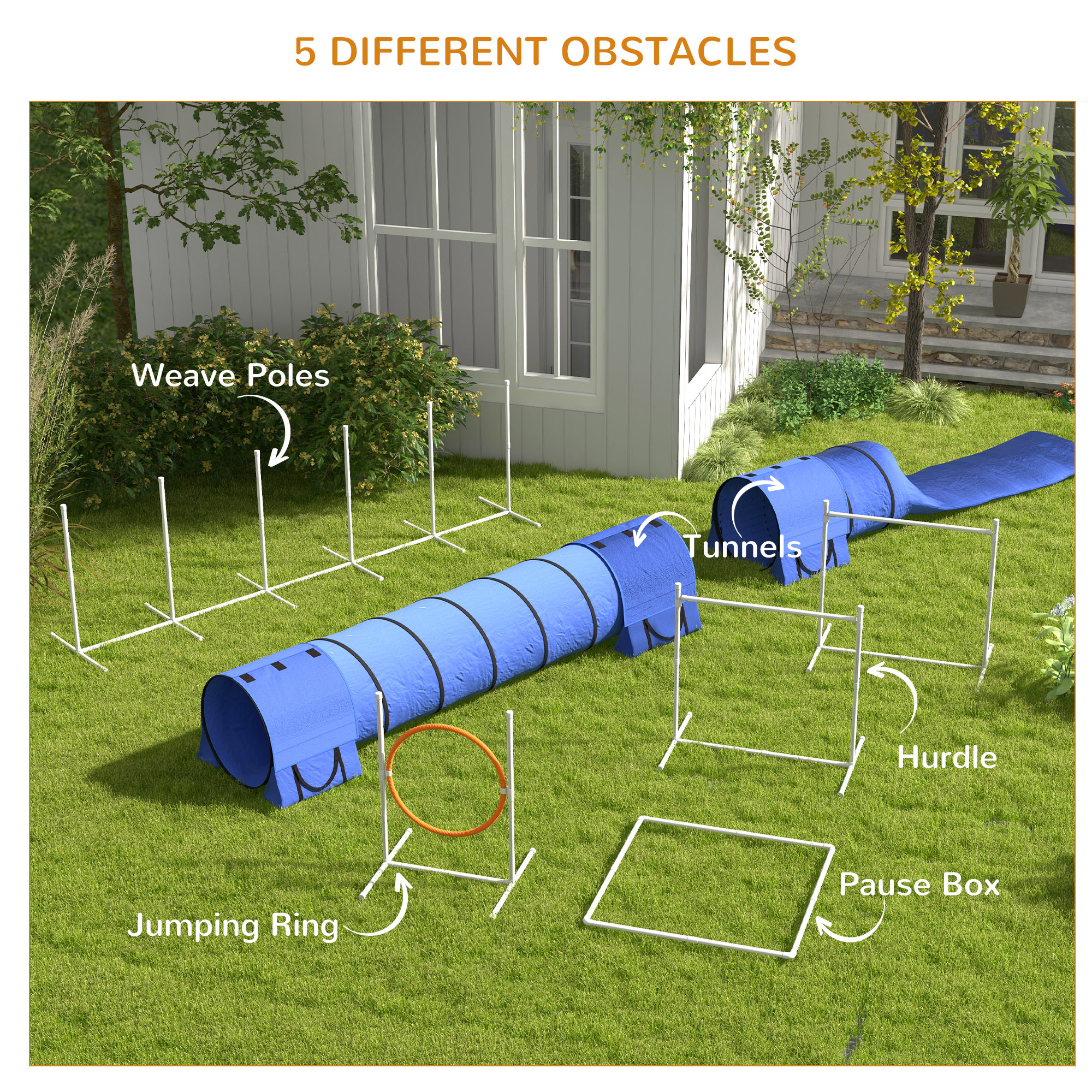 7 Pcs Dog Agility Kit w/ Tunnels, Weave Poles, Adjustable Hurdles, Jump Ring, Pause Box, Whistle, Carry Bag, Blue - Image 5