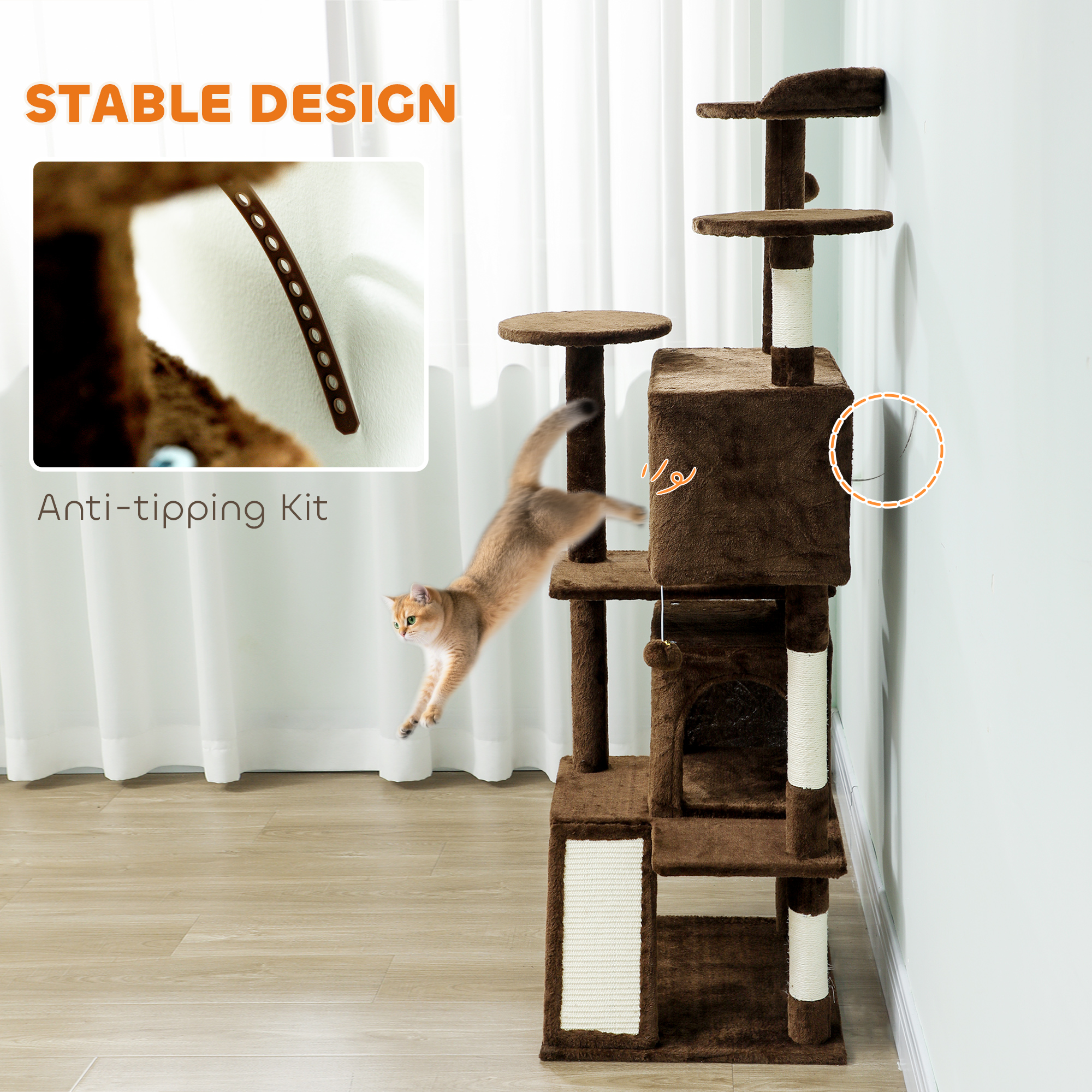 54" Cat Tree, Multi-Level Cat Tower with Scratching Posts, Cat Condos, Bed, Platforms, Ramp, Toy Ball, Light Brown