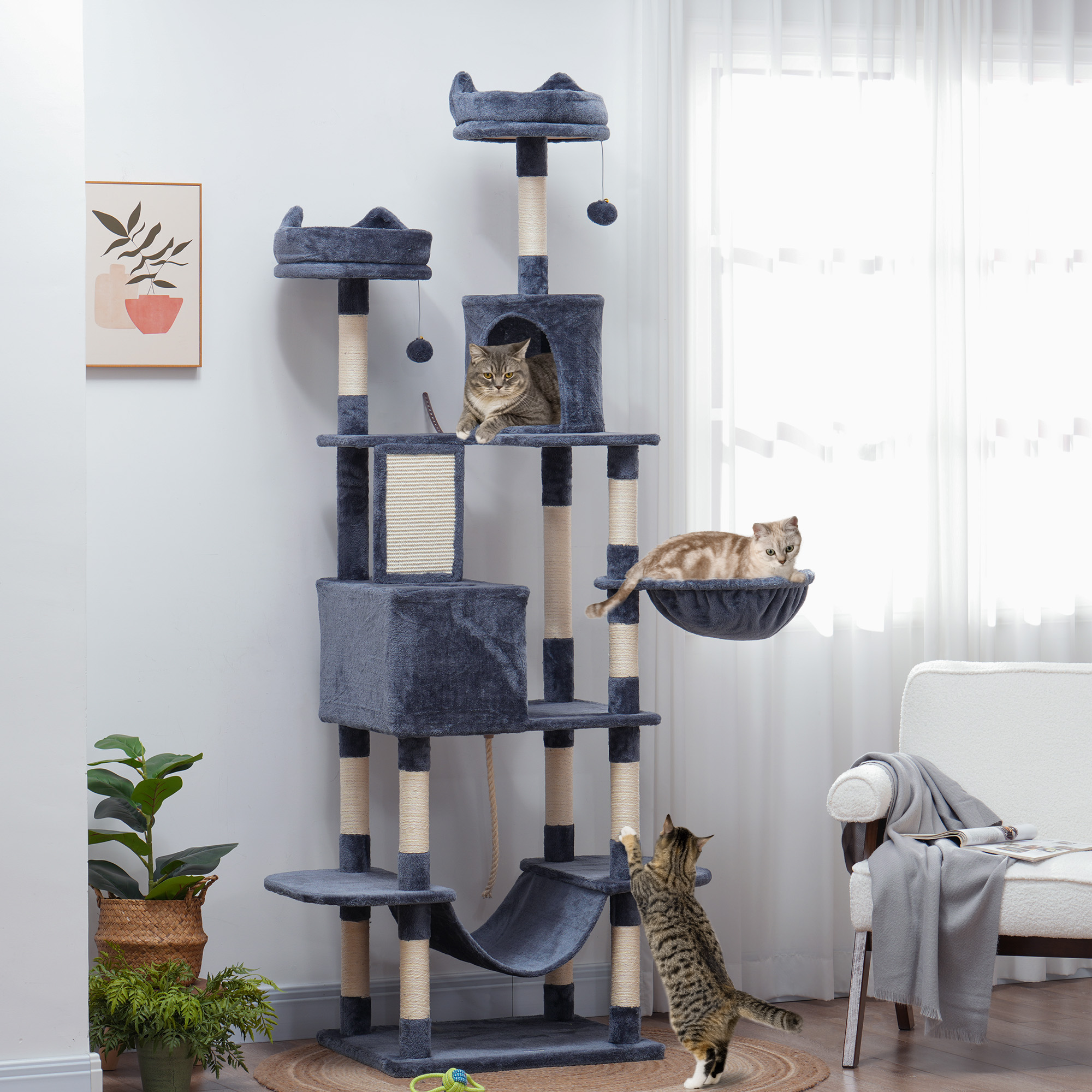 81" Large Cat Tree w/ Scratching Posts, Condos, Beds, Hammocks, Jumping Platforms, Toy Balls, Rope Cat Toy, Dark Grey