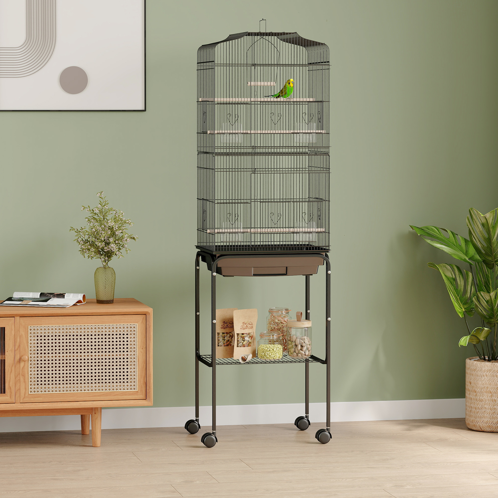 62" Rolling Bird Cage Cockatoo House Play Top Finch Pet Supply with Storage Shelf, Wheels - Black