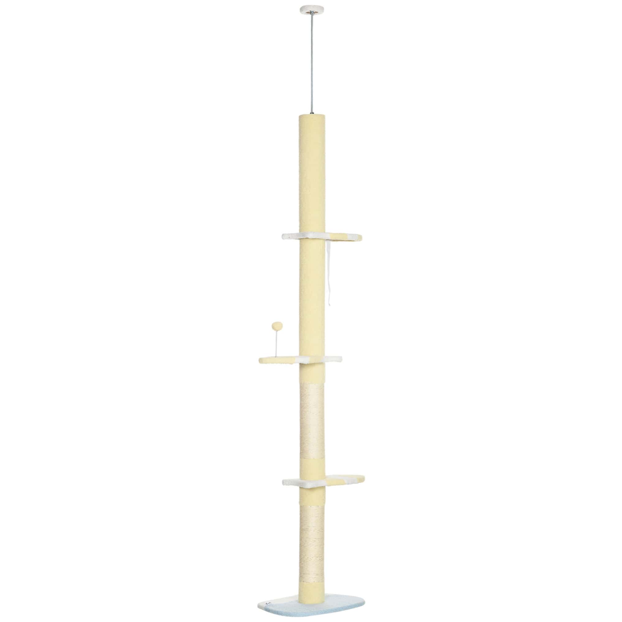 87"-102" Floor to Ceiling Cat Tree w/ Sisal Scratching Posts, Anti-tip Kit, Perches, Toy Ball, Yellow