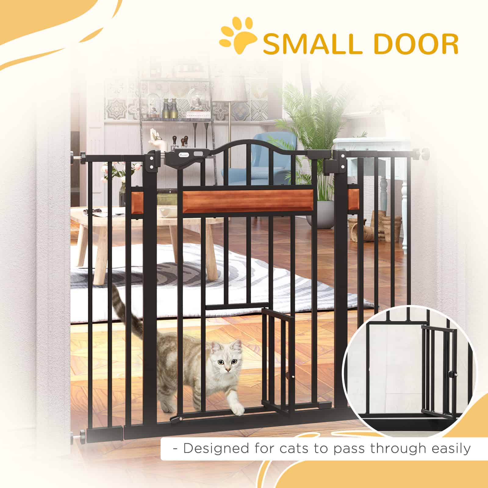 29.1''-41.3'' Extra Wide Dog Gate with Cat Door, Stair Pressure Fit, Auto Close, Double Locking, for Doorways, Hallways