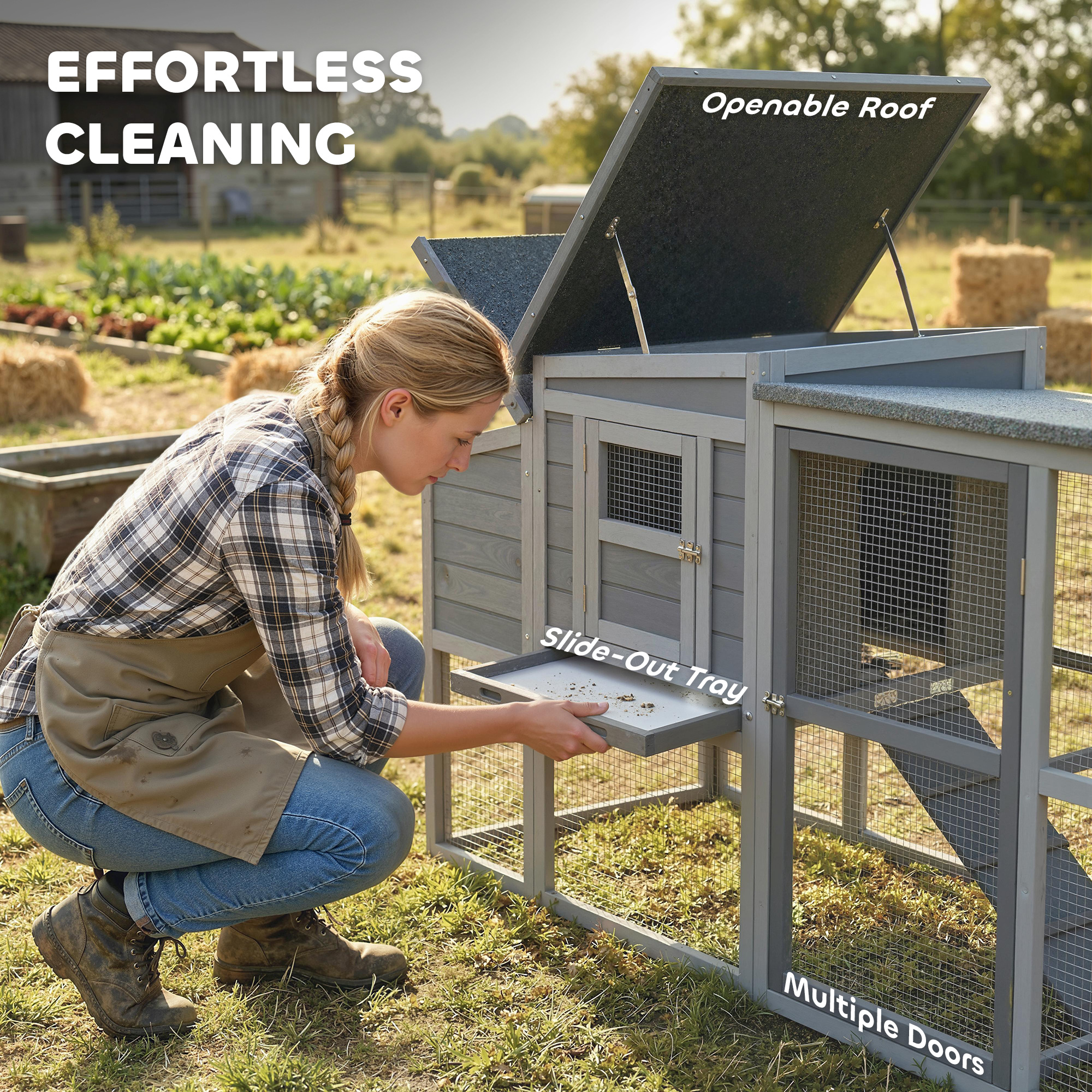 Large Chicken Coop, Wooden Hen House with Covered Run, Nesting Box, Pull-Out Tray, Opening Asphalt Roof