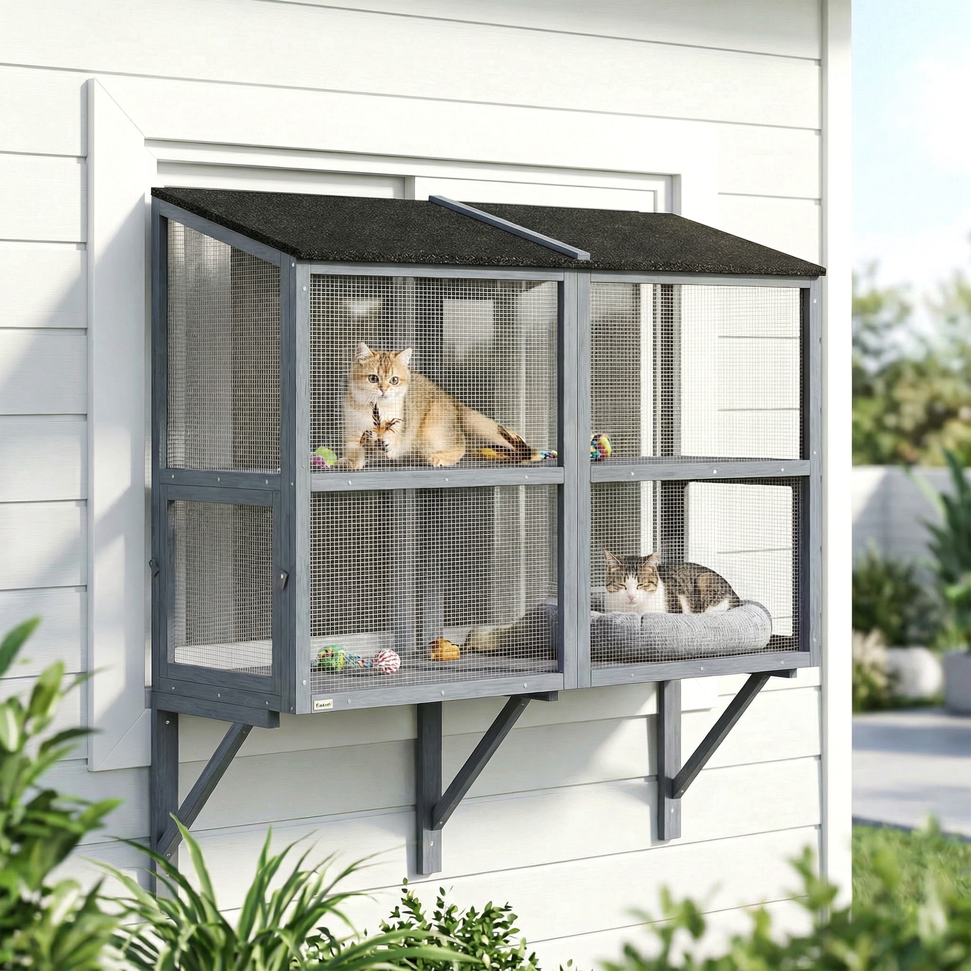 Catio Outdoor Cat Enclosure Wall-Mounted 2-Level Outdoor Cat House with Waterproof Roof 51.2" Grey