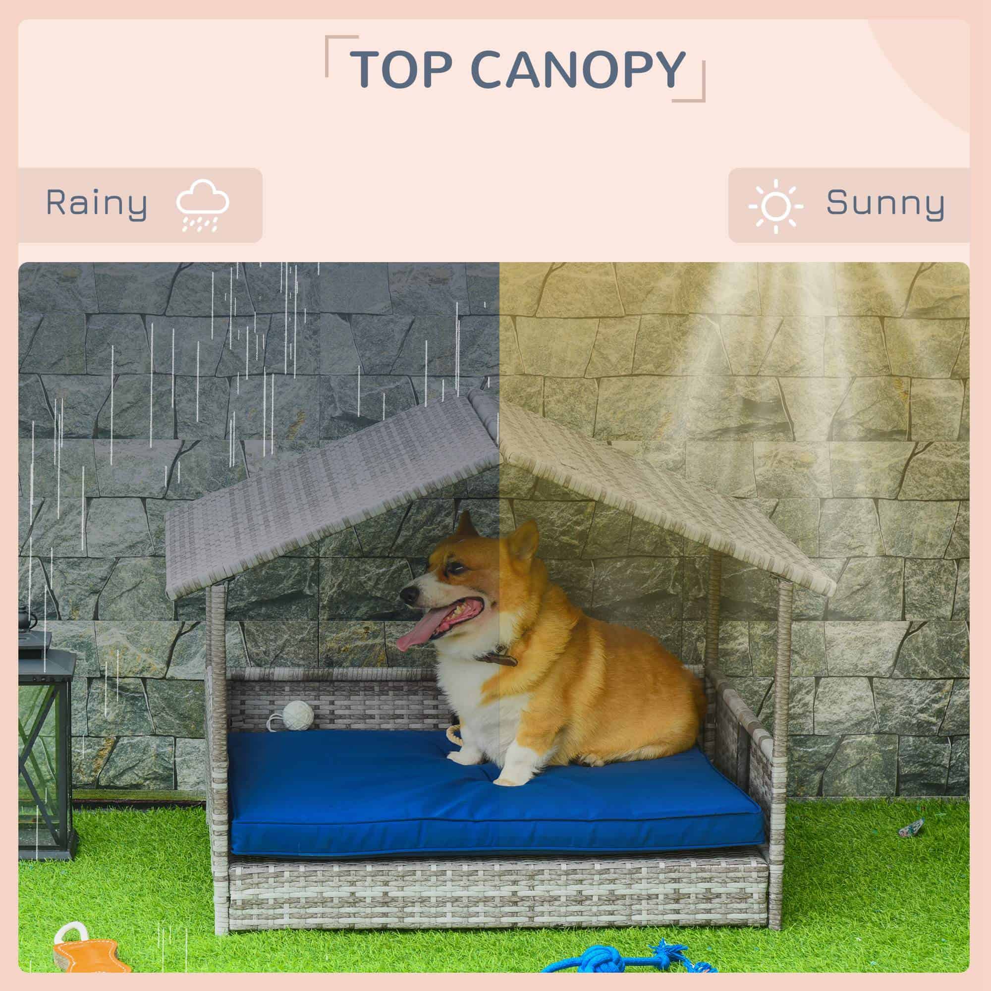 Rattan Dog House with Canopy, Wicker Dog Bed with Water-Resistant Cushion, for Small and Medium Breeds Dark Blue