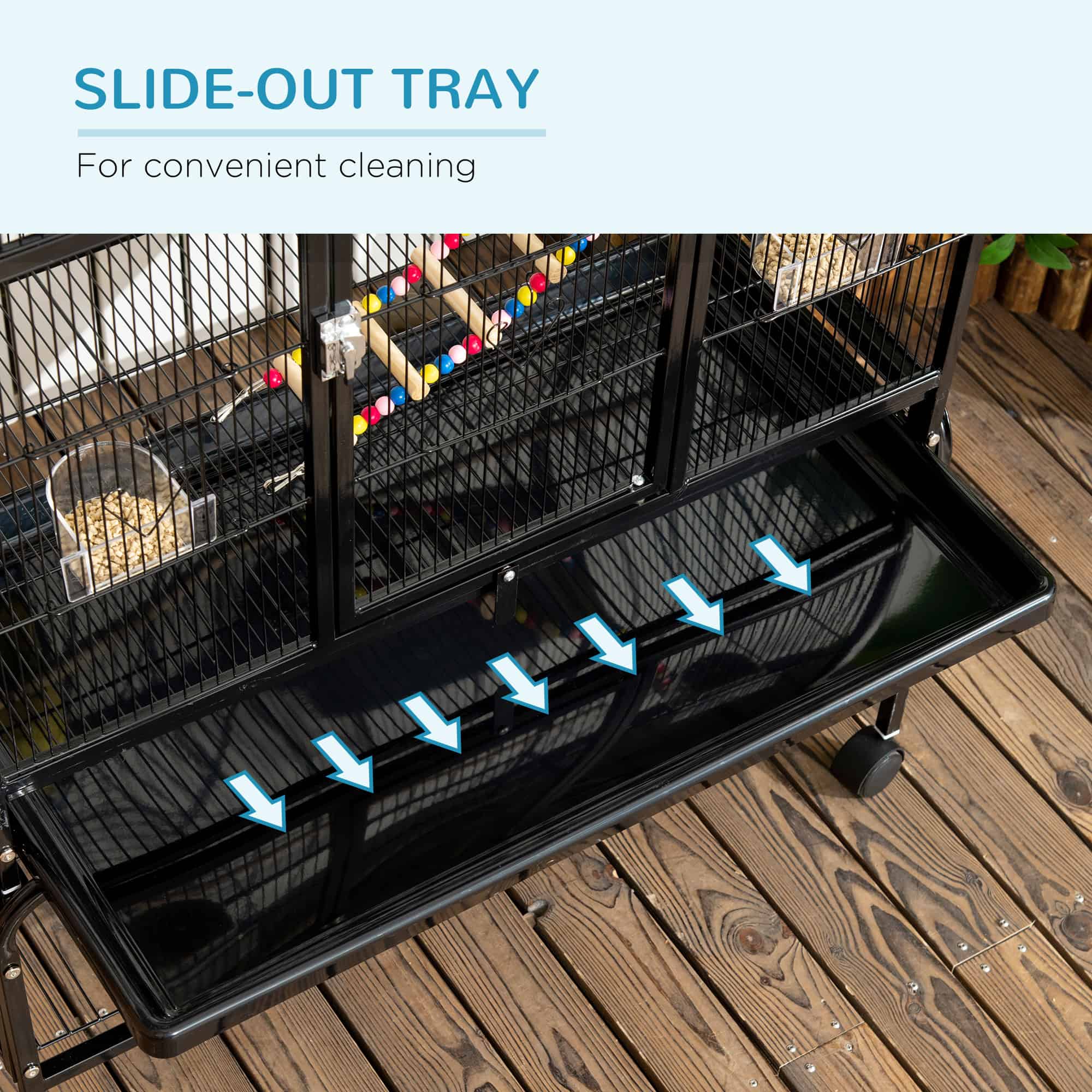 71" Bird Cage with Wheels Perches, Ramp, Storage Shelf, Toys for Canaries, Finches, Cockatiels, Parakeets, Black