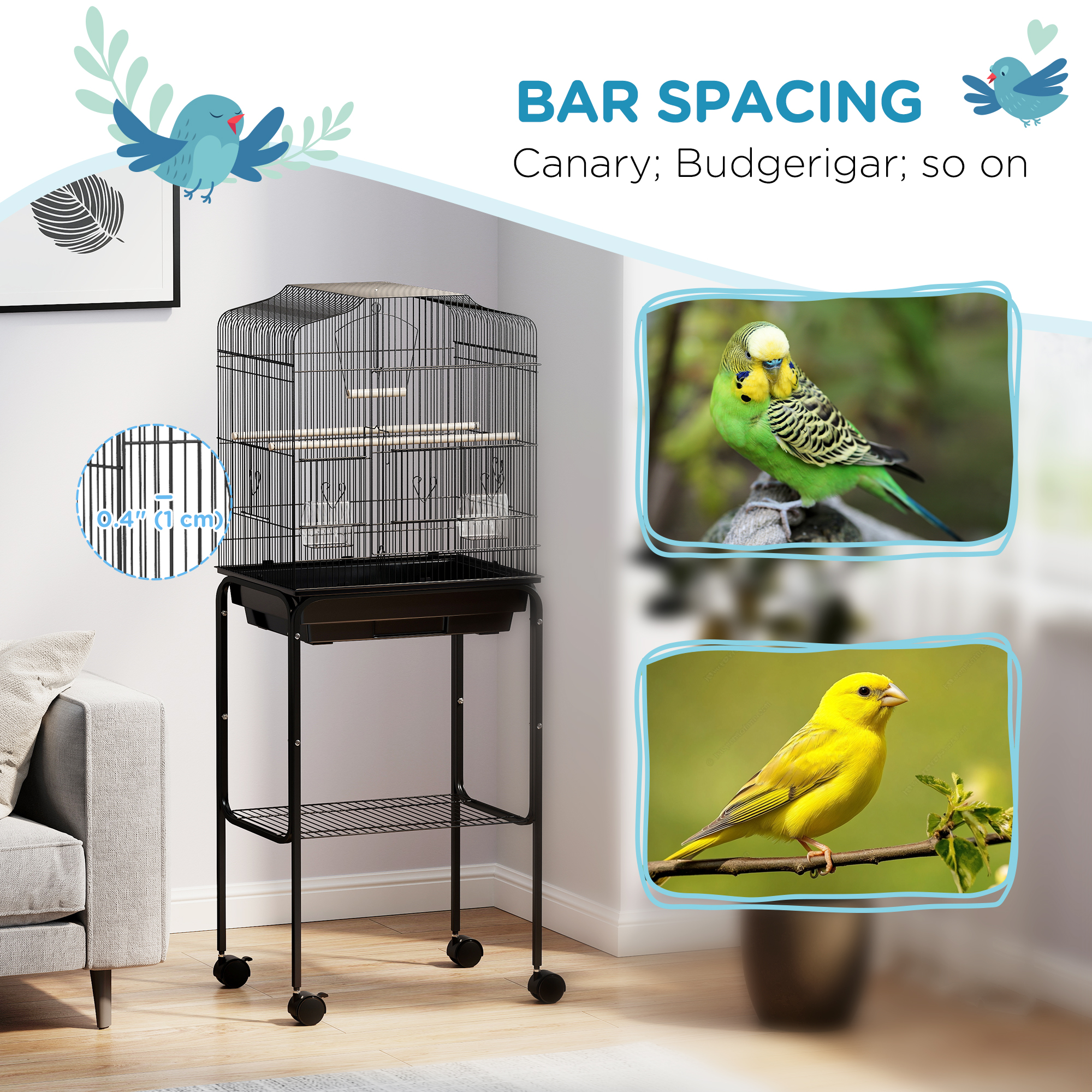 49" Rolling Bird Cage Cockatoo House Play Top Finch Pet Supply with Storage Shelf, Wheels - Black