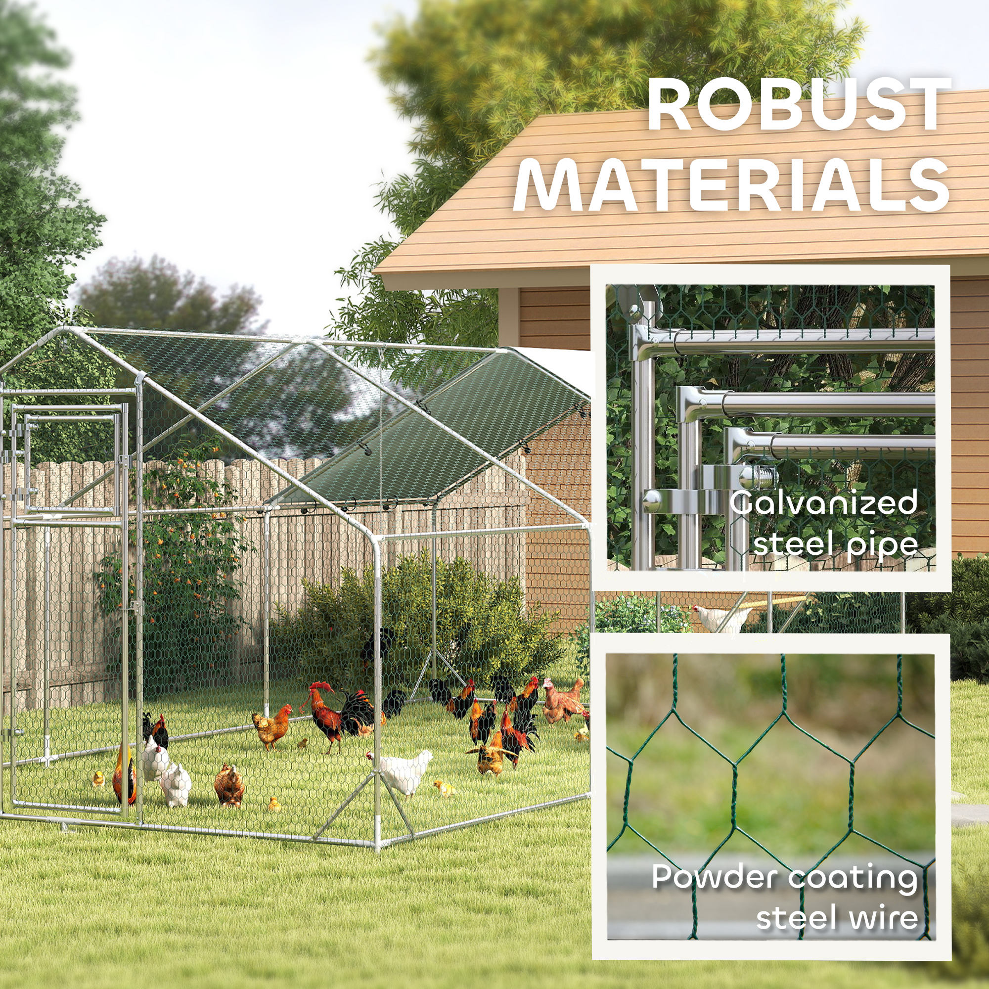 Large Metal Chicken Run with Waterproof & UV-Resistant Cover, Feeding Door, Hanging Feeder, Perch for 18-24 Chickens