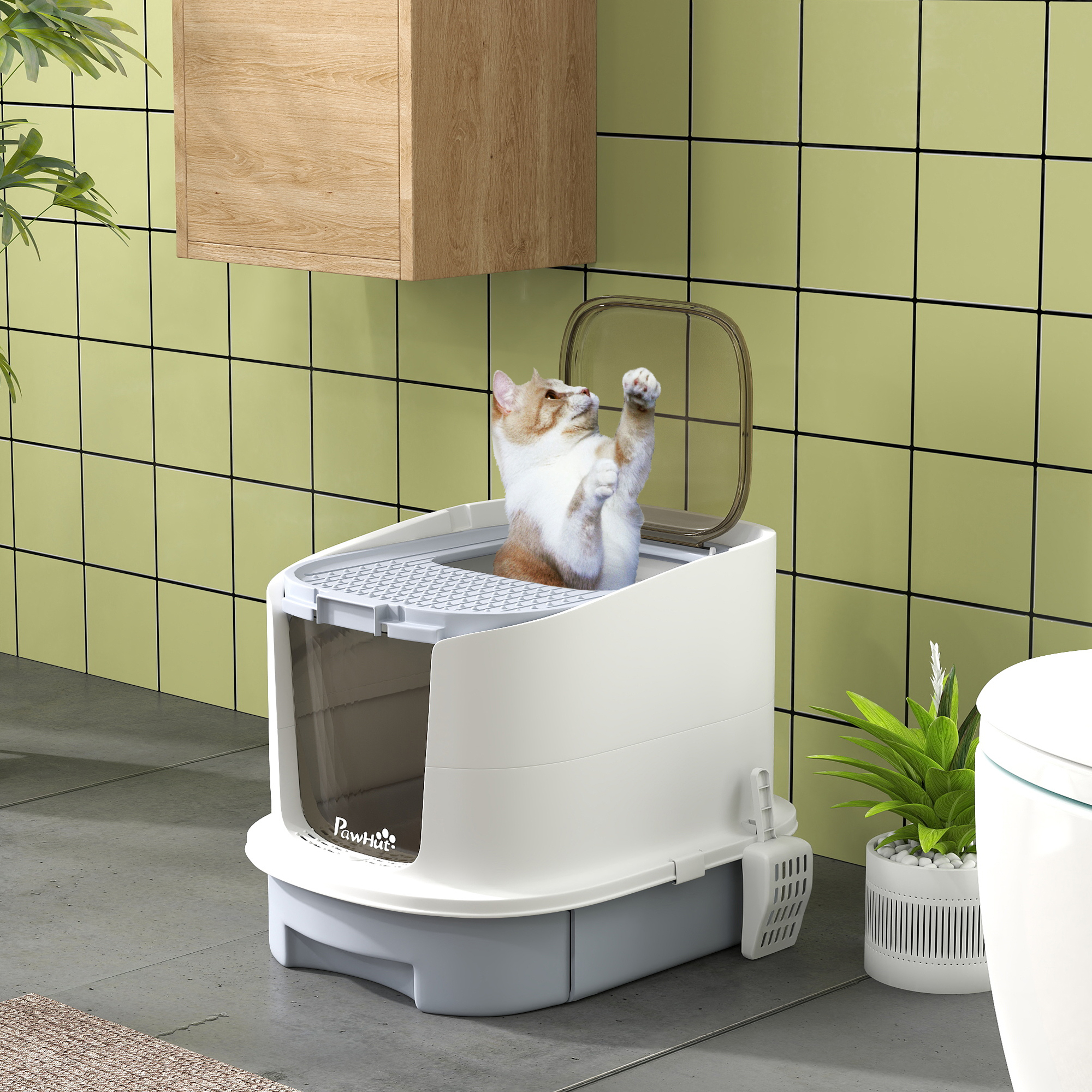 Enclosed Cat Litter Box with Lid, Scoop, Top Entry, Deodorization Bags, Drawer Type Cat Litter Tray, Easy to Clean, Grey