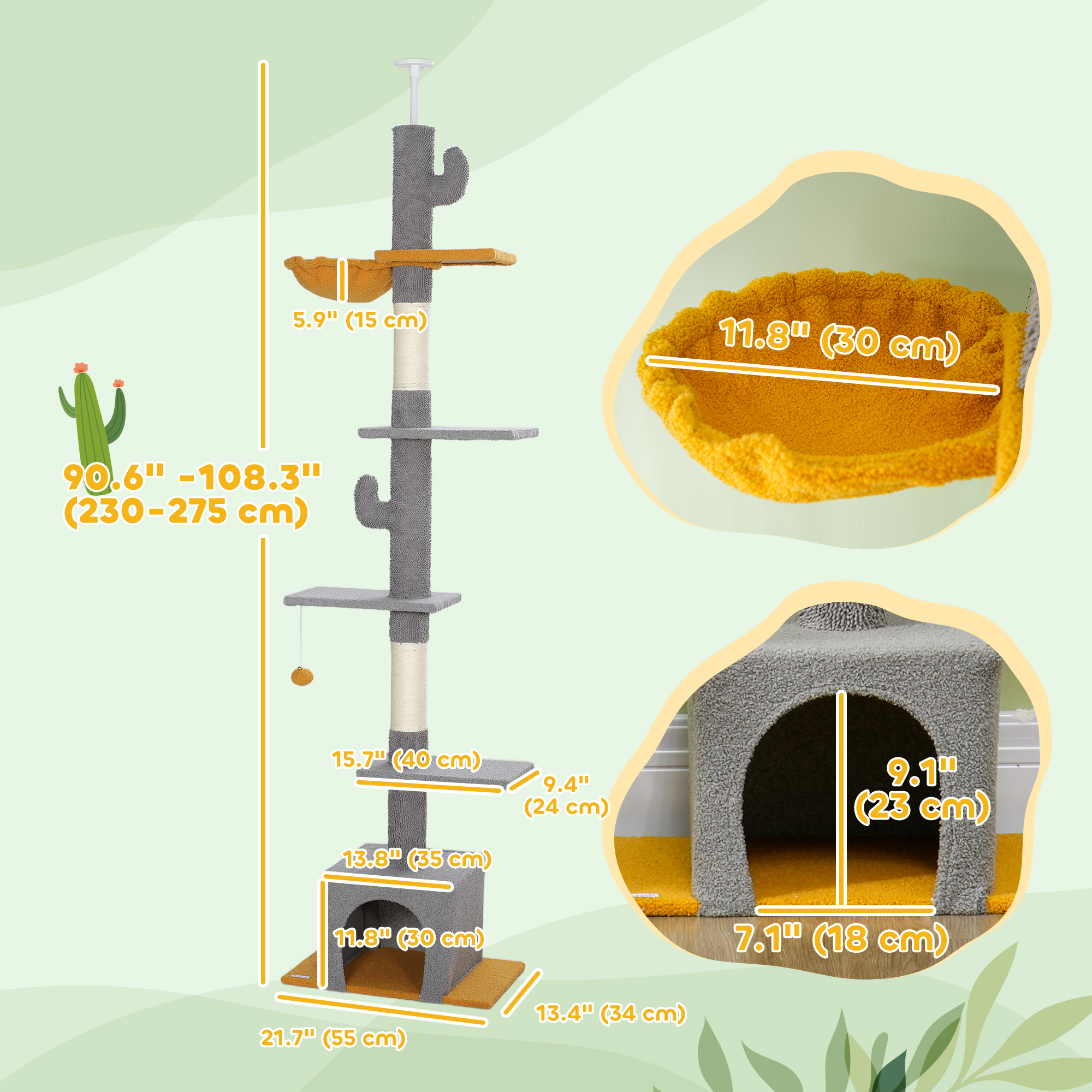 Floor to Ceiling Cat TreeTower with 90.5"-108" Adjustable Height, Scratching Posts, Hammock, Comdo, Toy Ball, Light Grey - Image 3