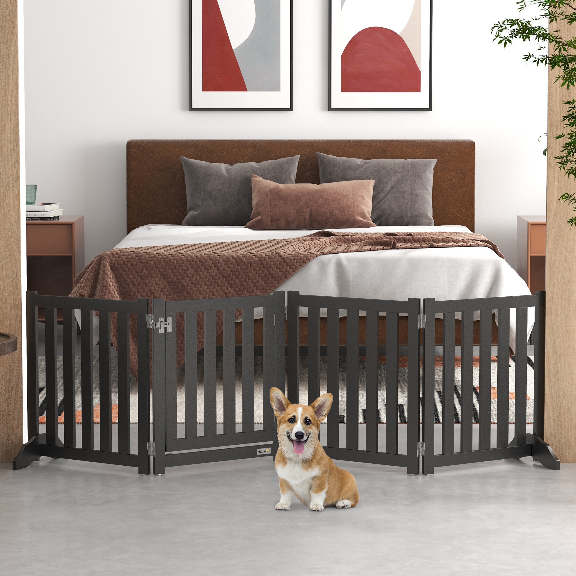 Foldable Dog Gate with Door, 4 Panels Fressstanding Pet Gate, Black