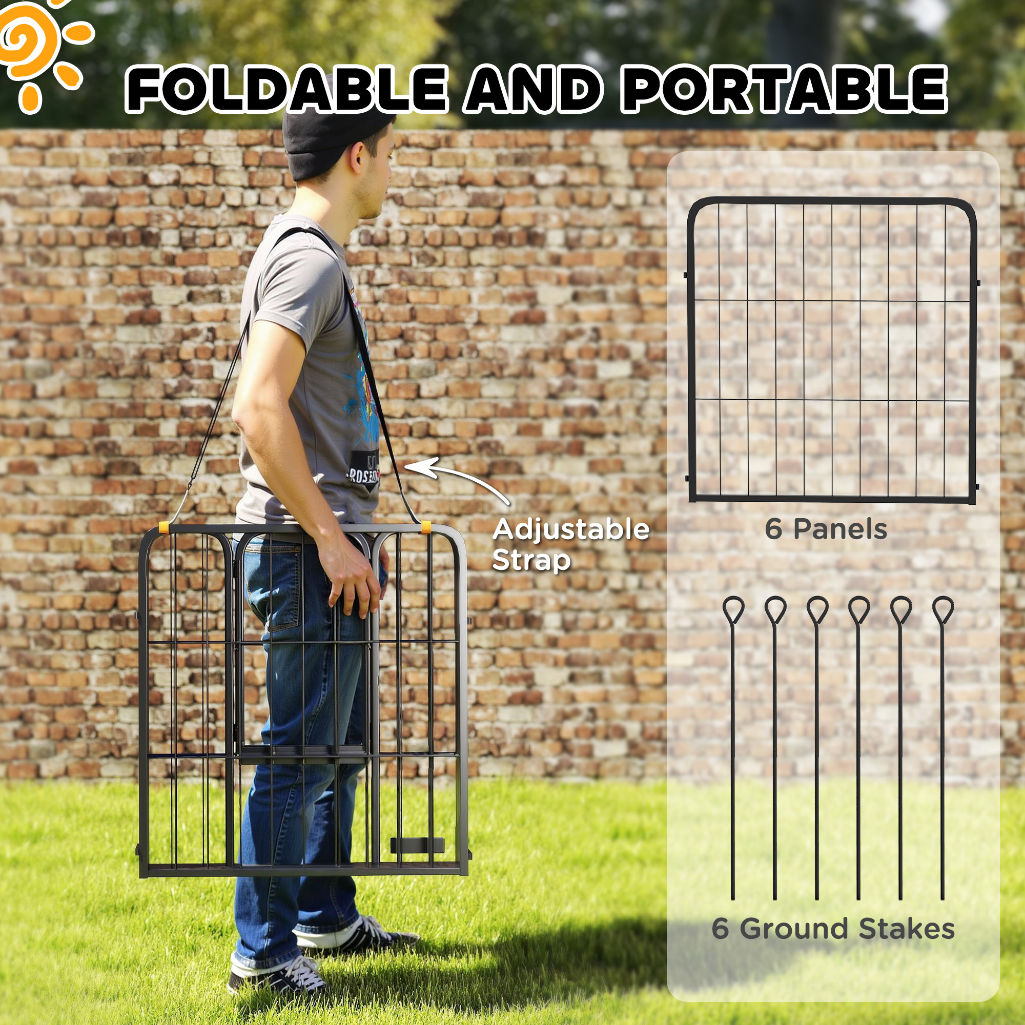 6 Panels Heavy Duty Dog Playpen Outdoor Indoor with Door & Strap, 24" Height Portable & Foldable Pet Playpen - Image 6