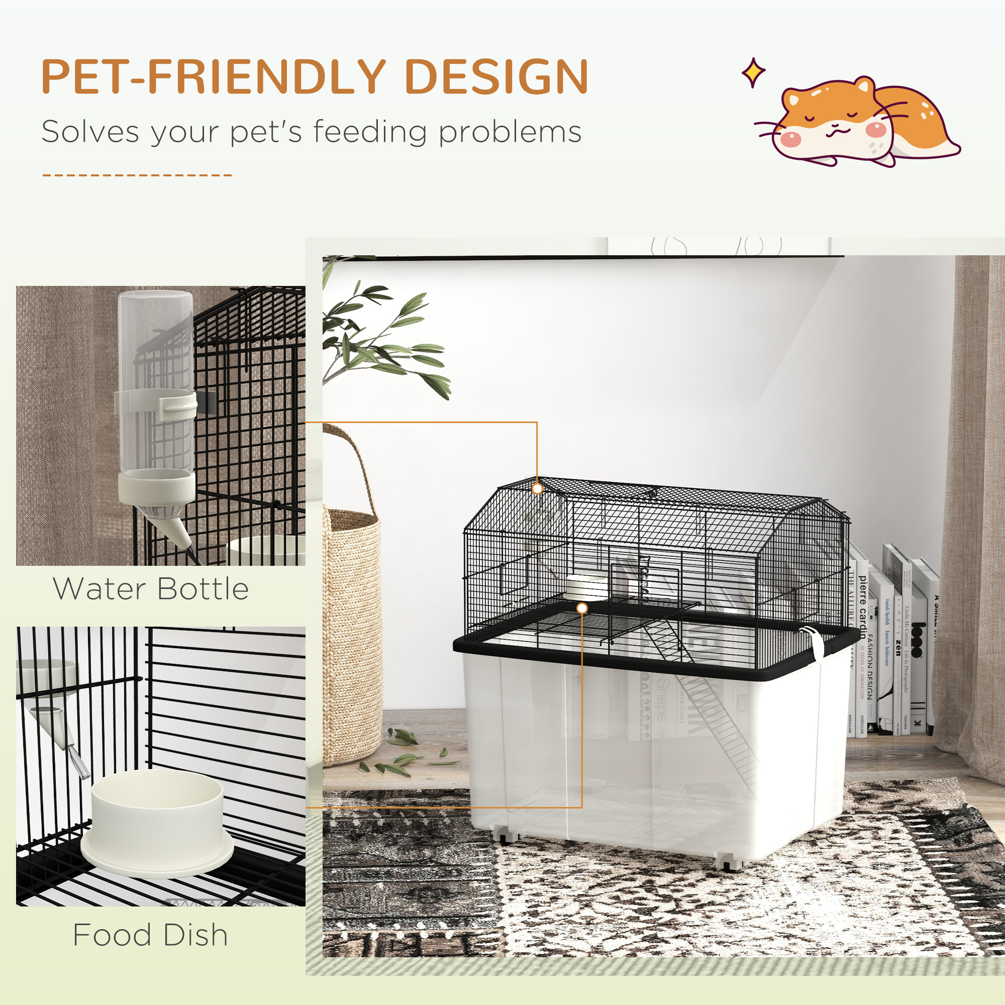 Hamster House Gerbil Habitat for Dwarf Hamster with Wheels, Detachable Bottom - Black