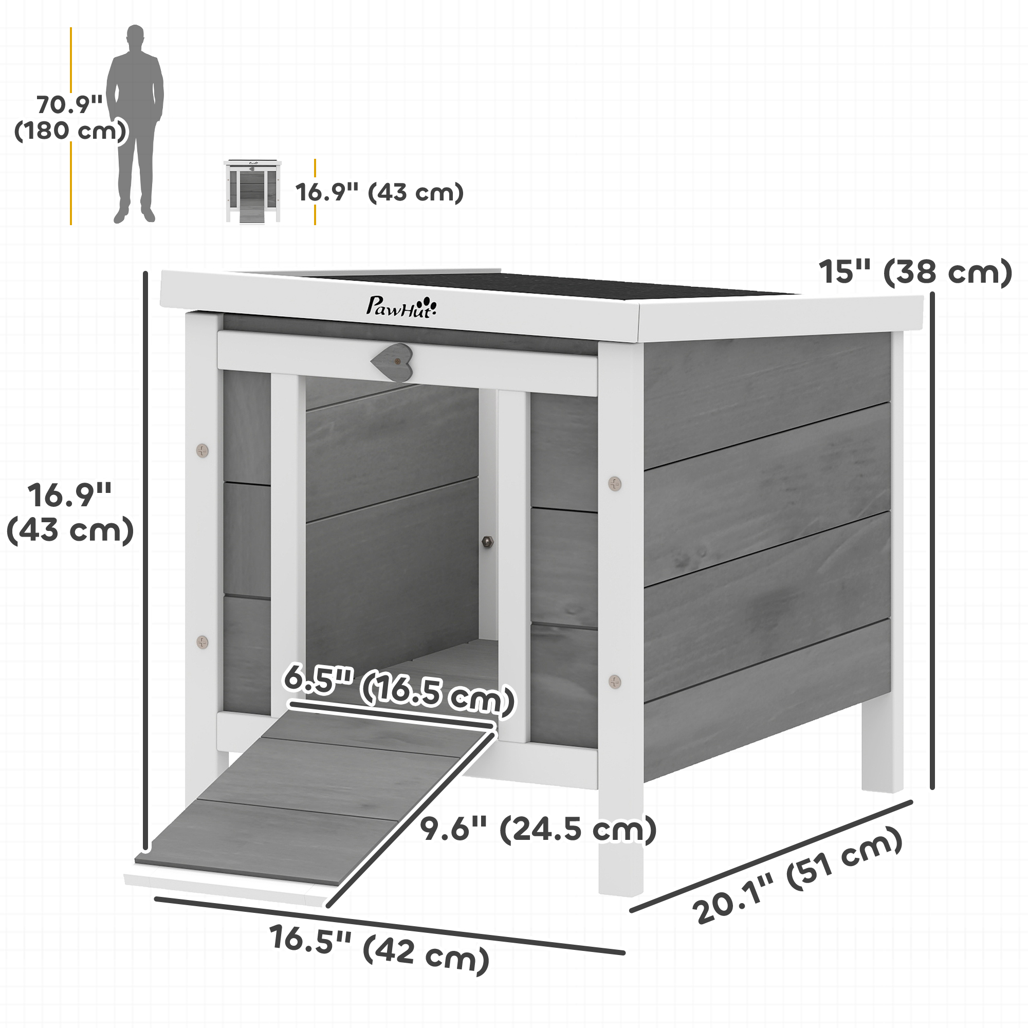 Wooden Rabbit Hutch, Bunny Cage with Waterproof & Openable Asphalt Roof, Outdoor Cat House Guinea Pig Cage Duck Shelter, Indoor Outdoor Use, 20" x 16.5" x 17", Grey