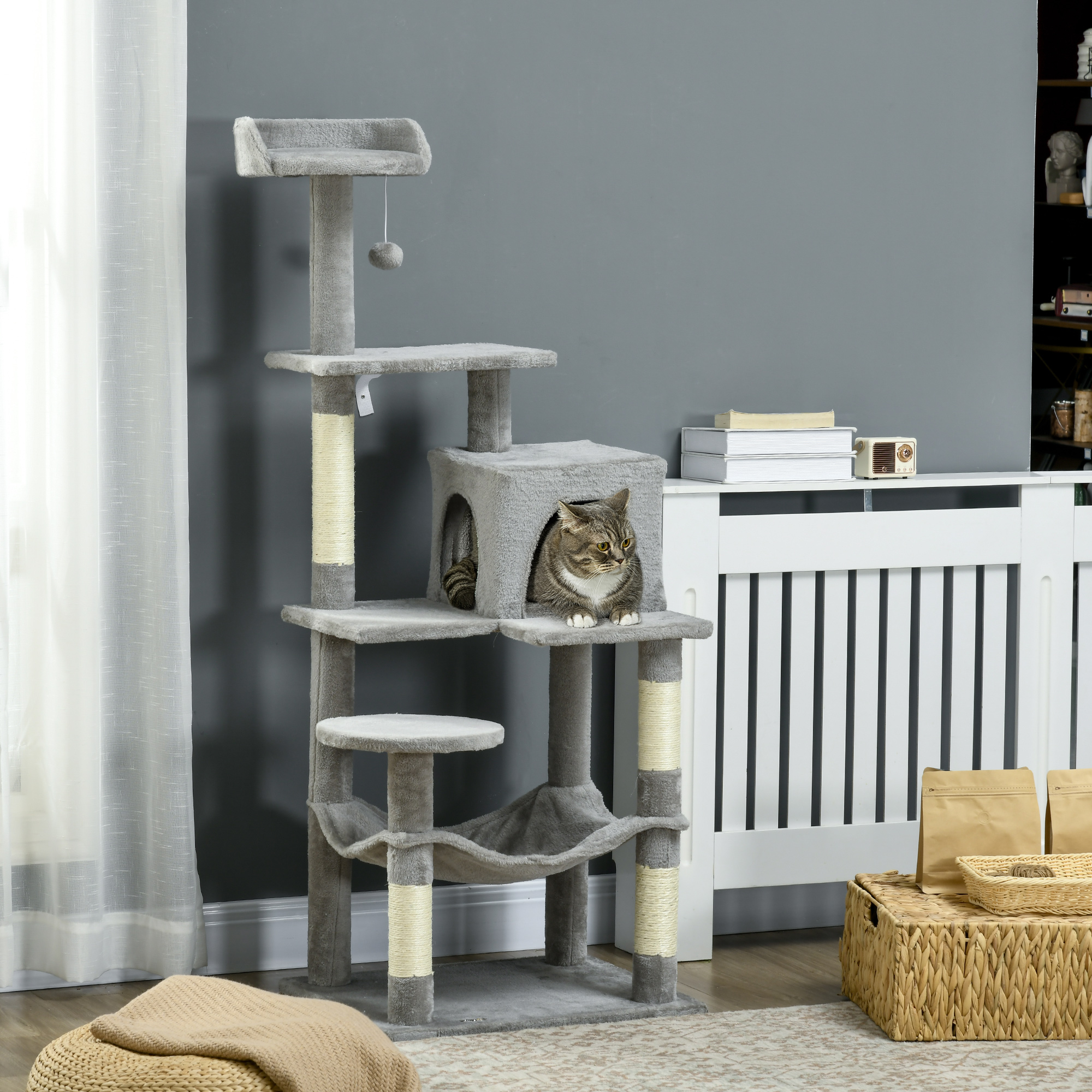 Tall Cat Tree for Indoor Cats, 56" Multi-Level Cat Tower with Hammock, Cat Bed, Cat Condo with Sisal Scratching Posts, Grey