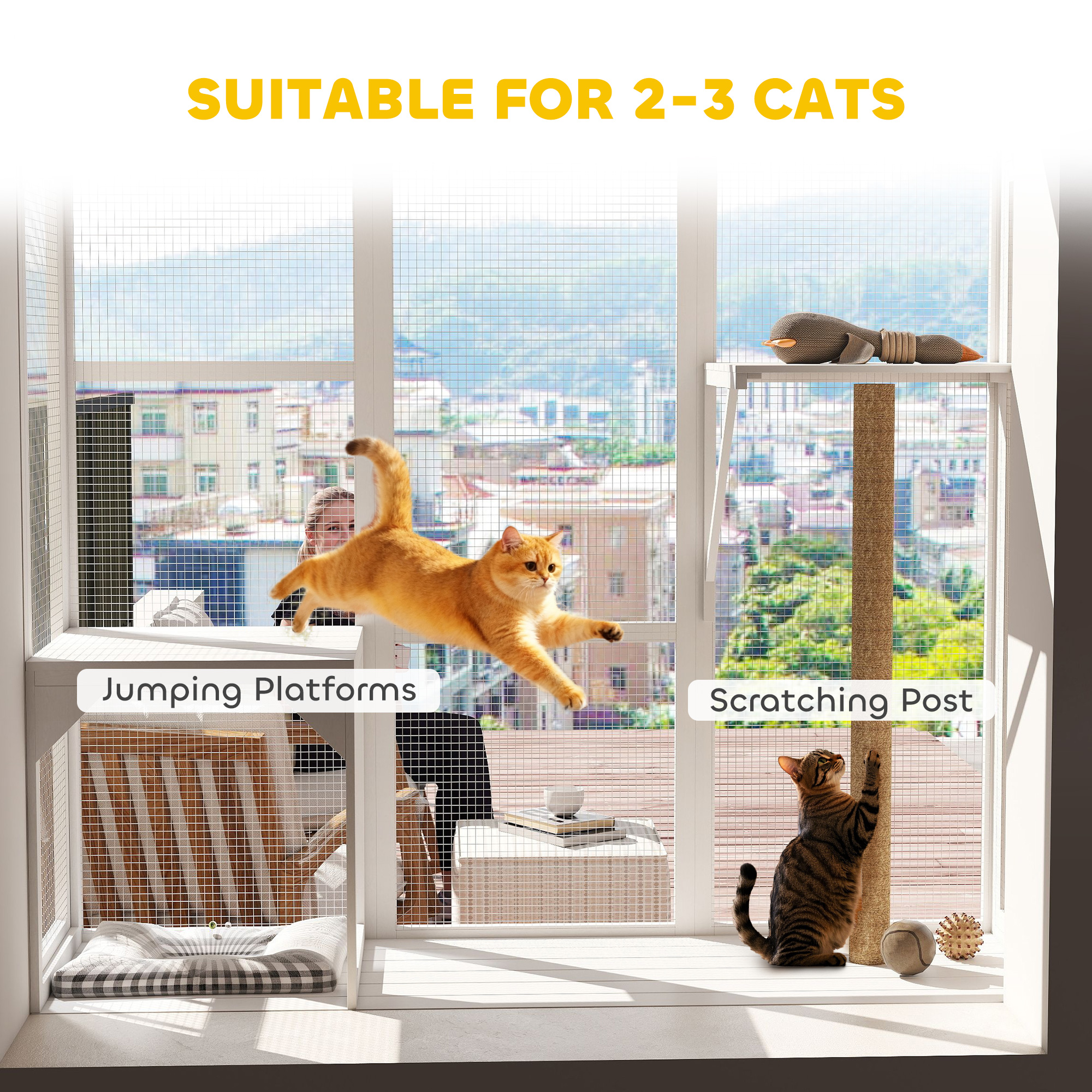 Wooden Catio Outdoor, Cat Window Box Enclosure for 2-3 Large Cats with 2 Jumping Platforms & Scratching Post, White