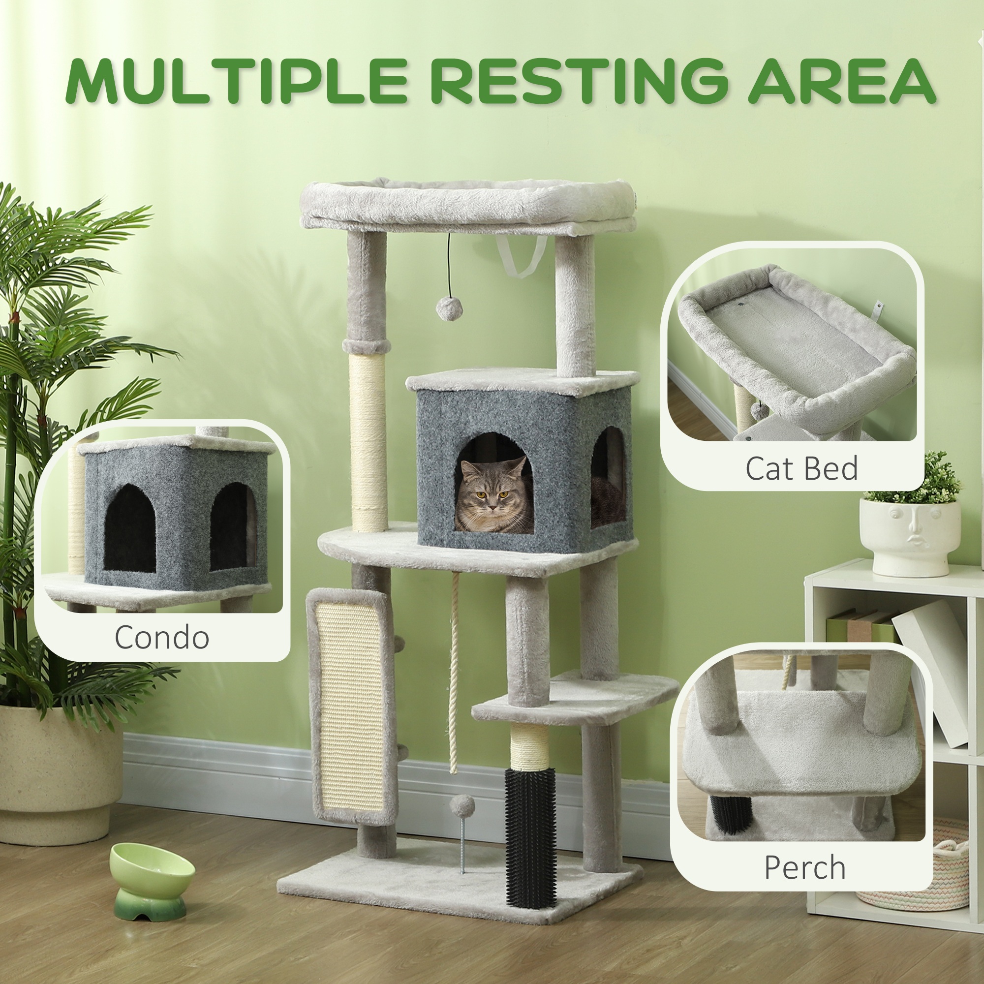52 Inch Cat Tree with Scratching Posts, Cat Bed, Condo, Grooming Brush, Jumping Platforms, Toy Balls, Anti-tip Kit - Image 4