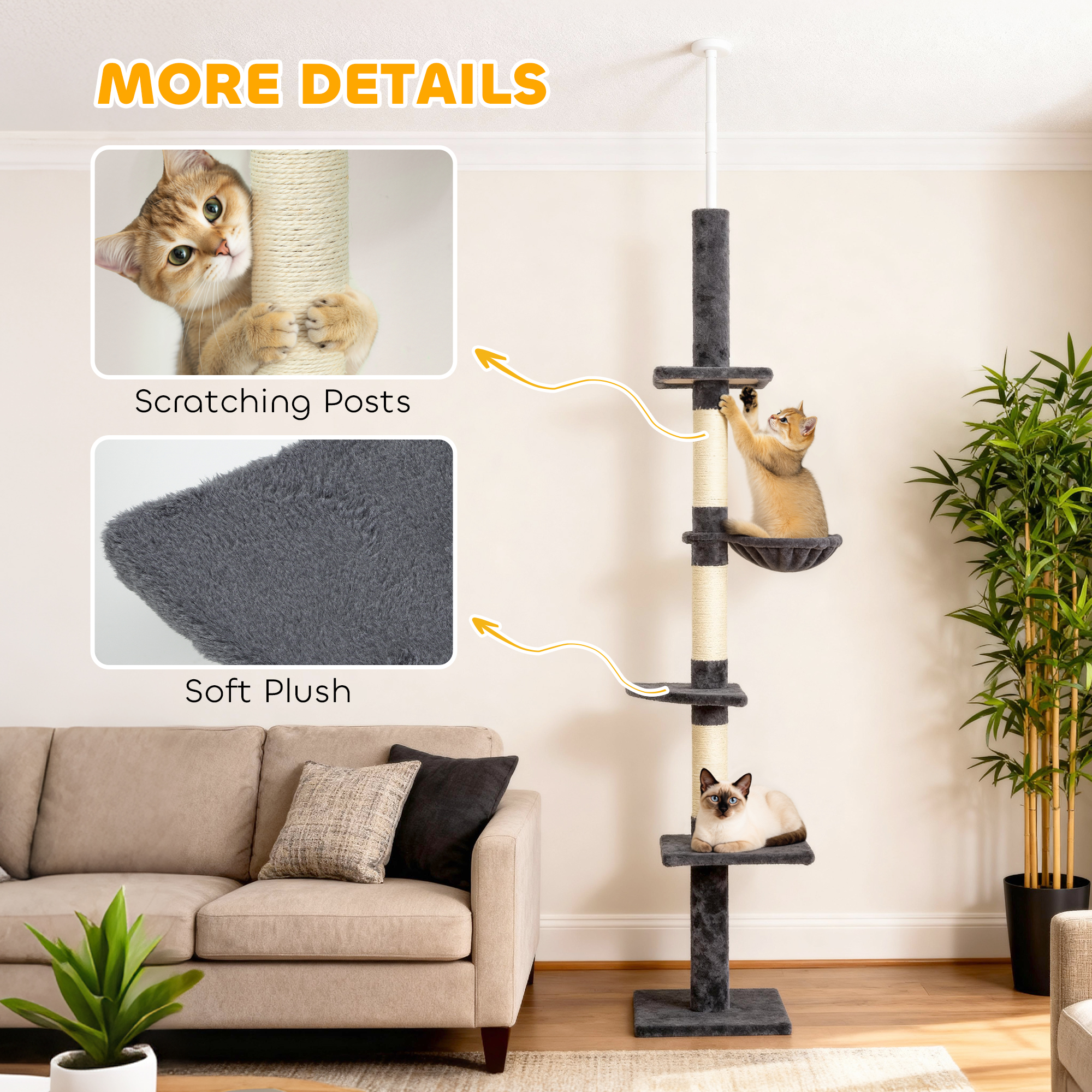 8.5ft Cat Climbing Tree 5-Tier Kitty Activity Center with Scratching Post Dark Grey - Image 6