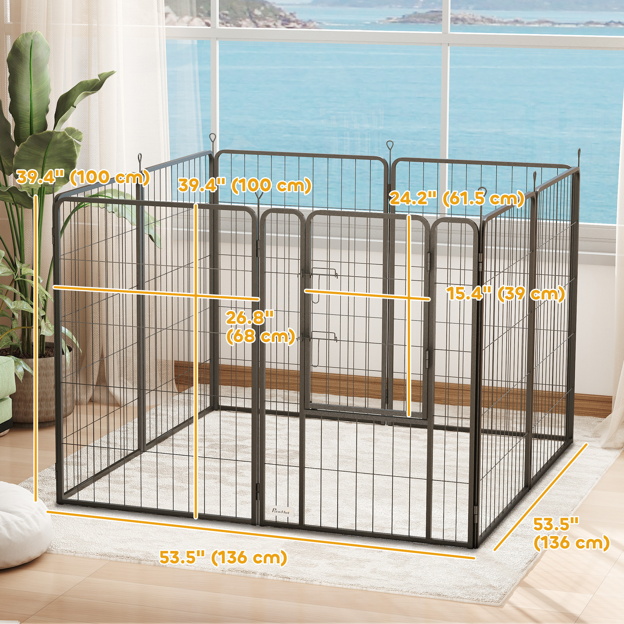 Large Dog Playpen Indoor Outdoor Foldable Pet Pen with Lockable Door and Ground Stakes for Large Dogs, Black