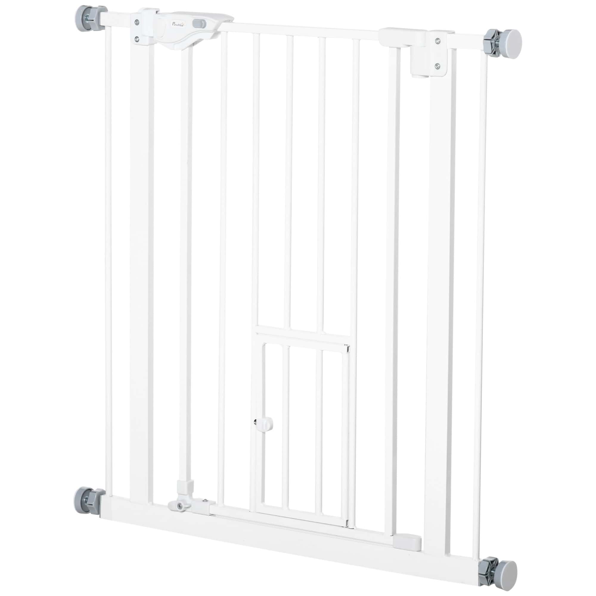 Pet Gate Extra Wide Press-Mounted with Cat Door, Auto Closing Pet Gate for Stair, Hallway, 29-32 Inch, White