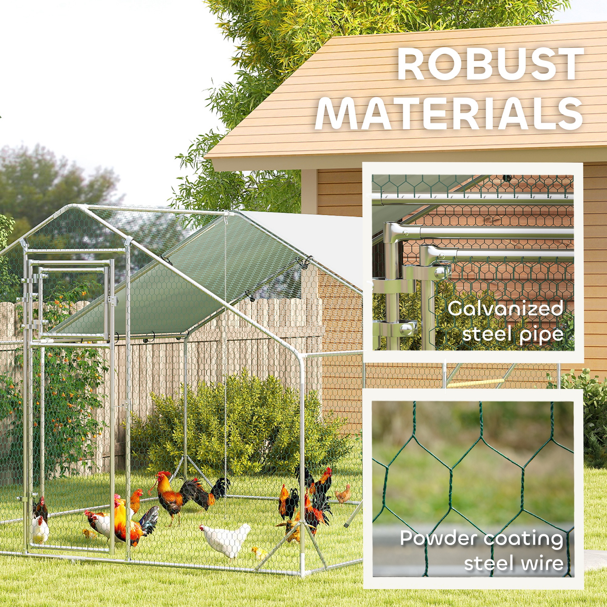 Large Metal Chicken Run with Waterproof & UV-Resistant Cover, Feeding Door, Hanging Feeder, Perch for 12-18 Chickens