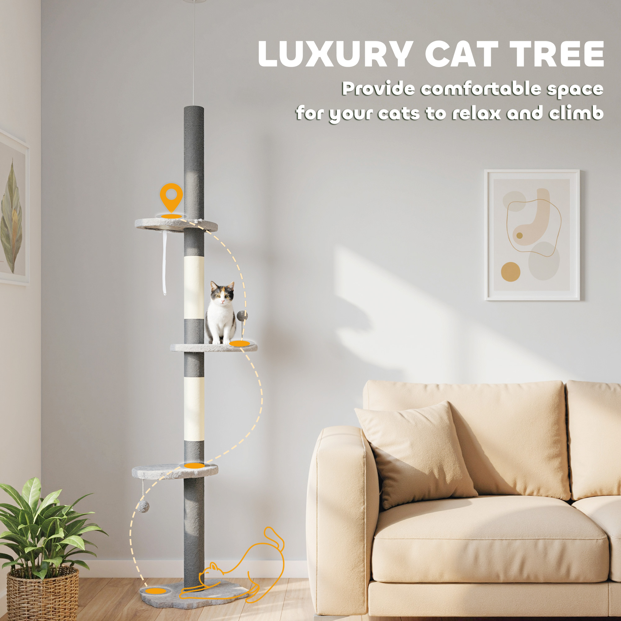88.5"-100.5" Floor to Ceiling Cat Tree, Cat Tower with Scratching Posts, Cloud Shaped Platforms, Dangling Balls, Grey