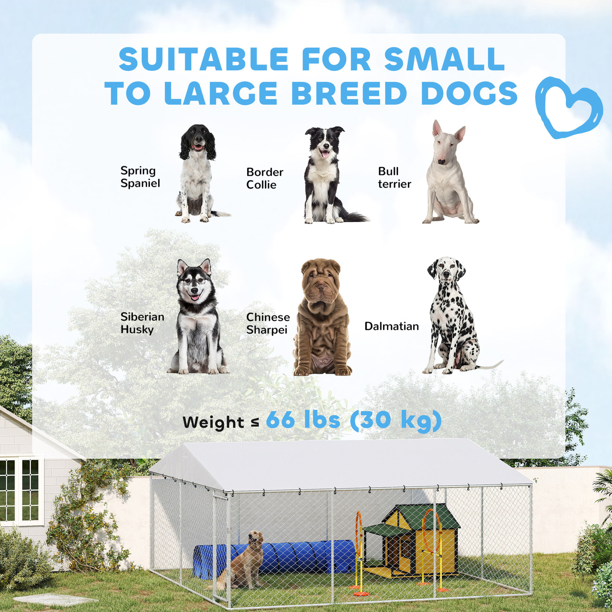 14.8' x 14.8' x 7.1' Dog Kennel Outdoor for Small Medium Large Dogs with Waterproof Cover, Silver