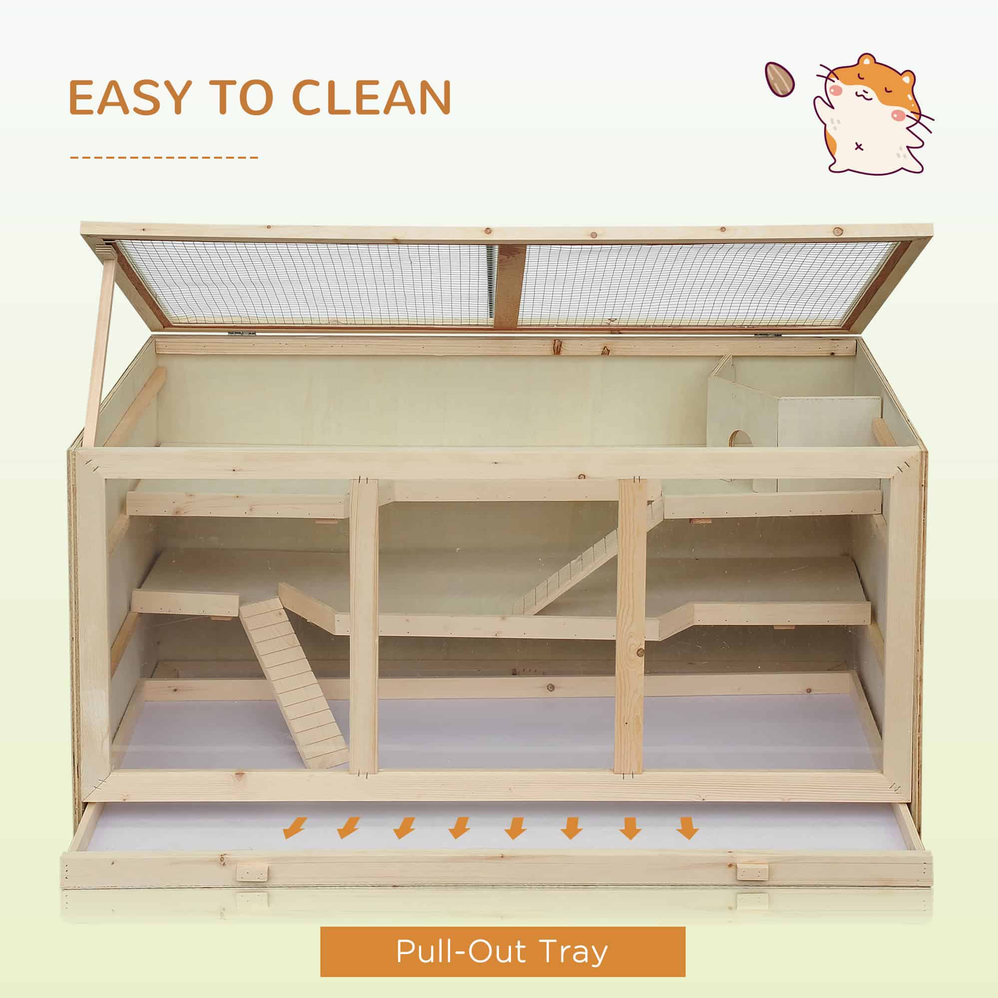 Wooden Hamster Cage Rat Cage with Slide, Tray, Natural Wood