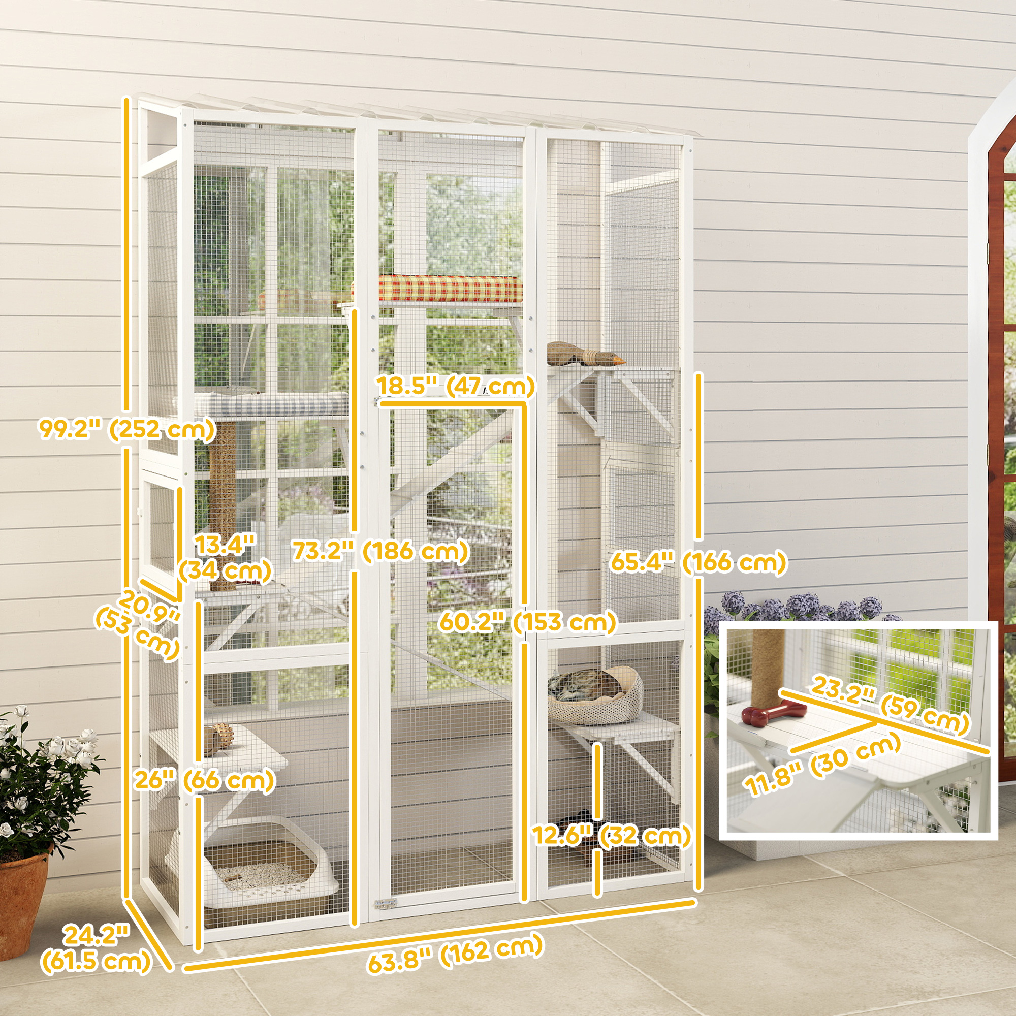 Large Outdoor Catio with 6 Jumping Platforms, Scratching Post, 2 Ramps, Waterproof Roof, White