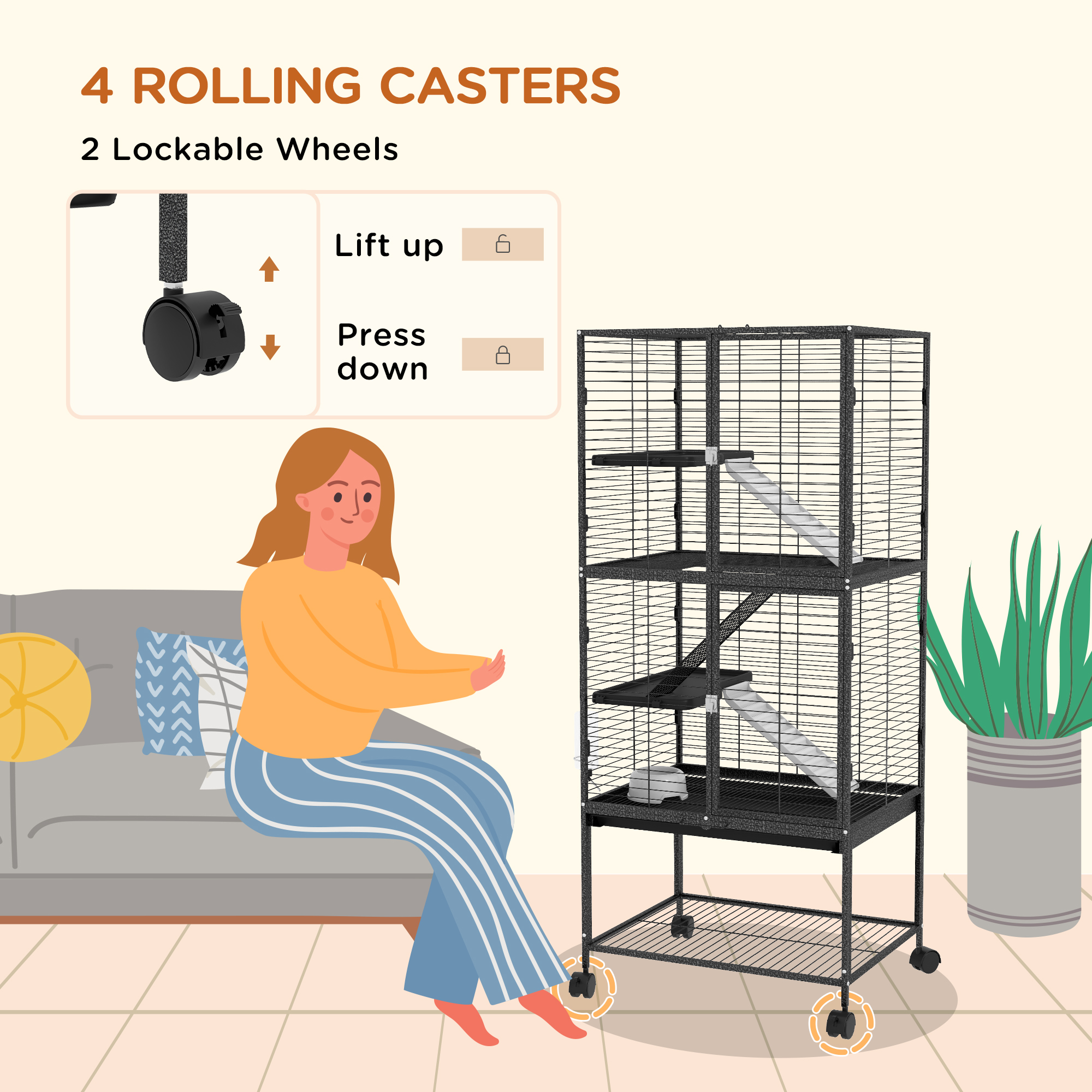 Rolling Small Animal Cage 53.5"H Chinchilla Cage for Ferrets, Squirrels w/ Removable Tray, Storage Shelf, Dark Grey - Image 6