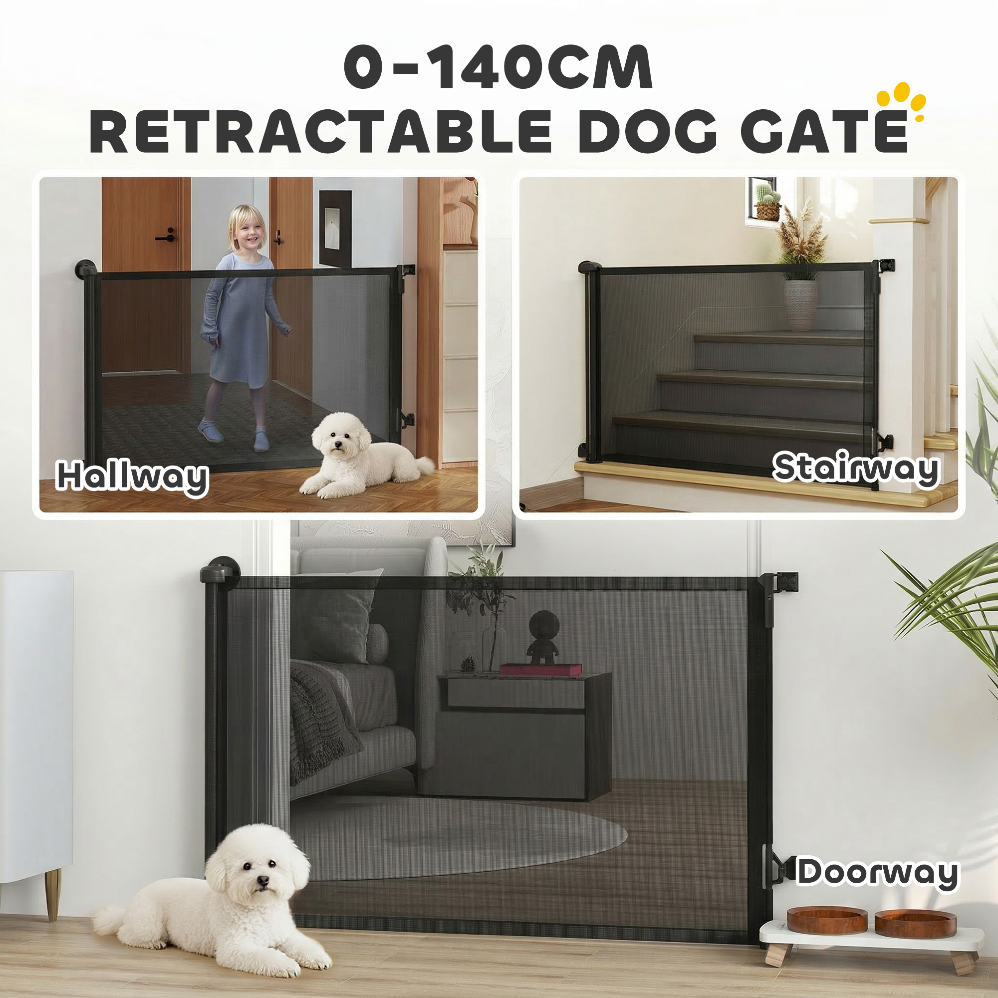Retractable Dog Gate, 36.6" Tall, Extends to 55" Wide, Mesh Pet Gate with Single Hand Operation, for Stairs, Doorways