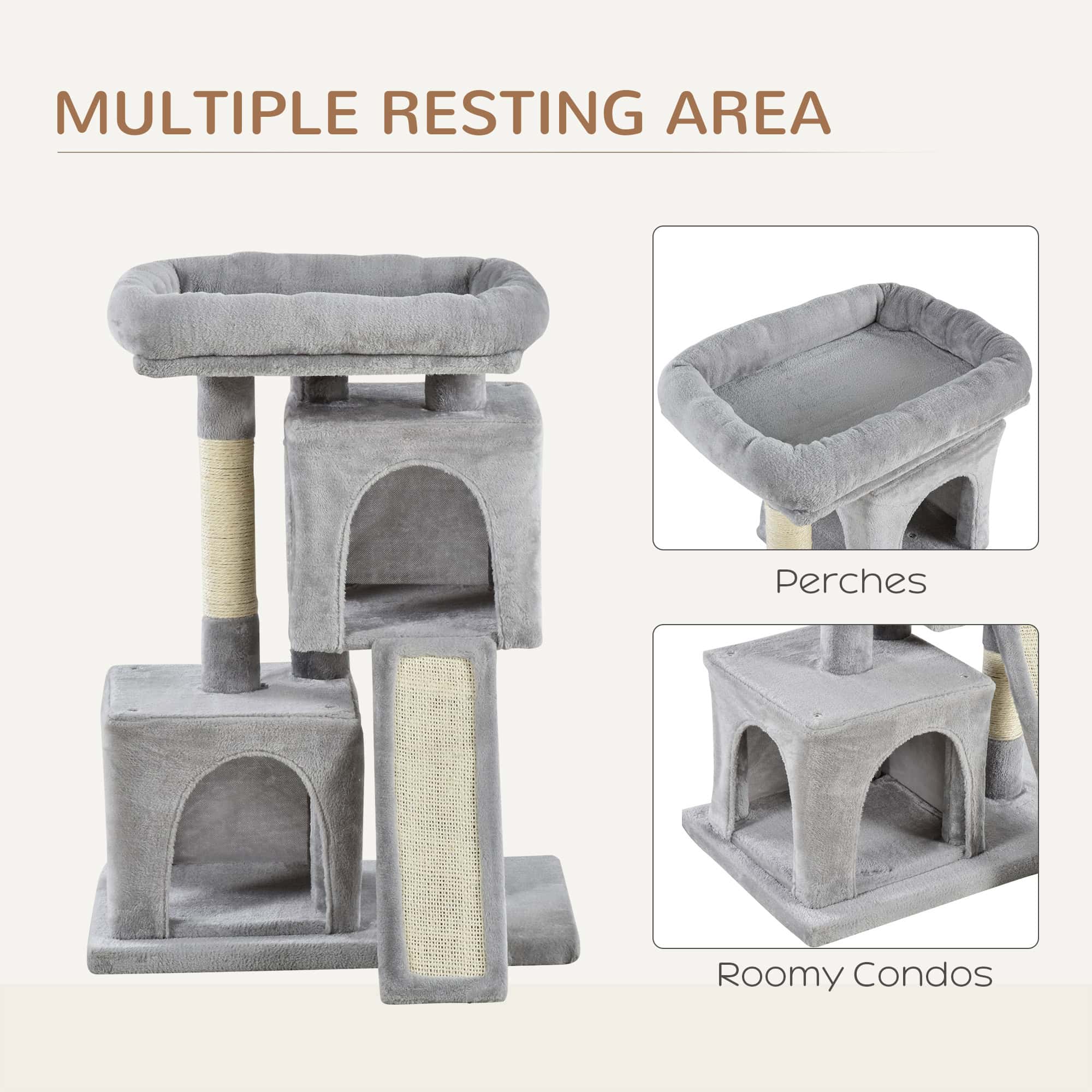 Plush Cat Tree Tower Activity Center with Sisal Scratching Post Scratching Board Perch Condo, Light Grey