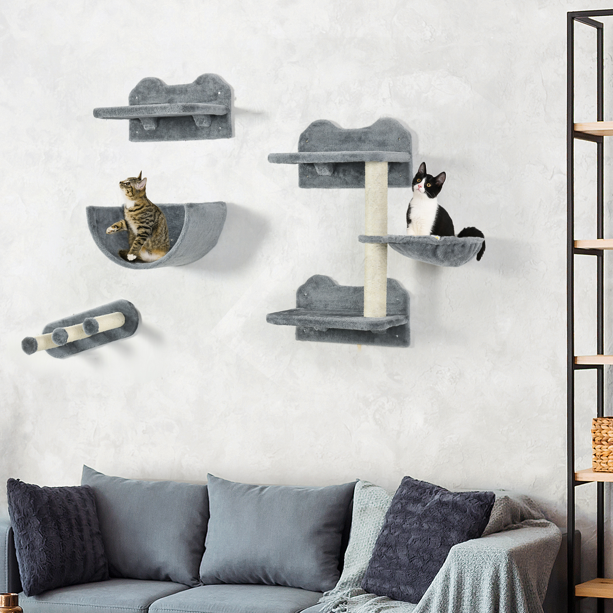 Cat Wall Shelves, 3PCs Cat Shelves with Hammock, Scratching Post, 3 Steps, Jumping Platforms, Wall Mounted Cat Climber, Grey