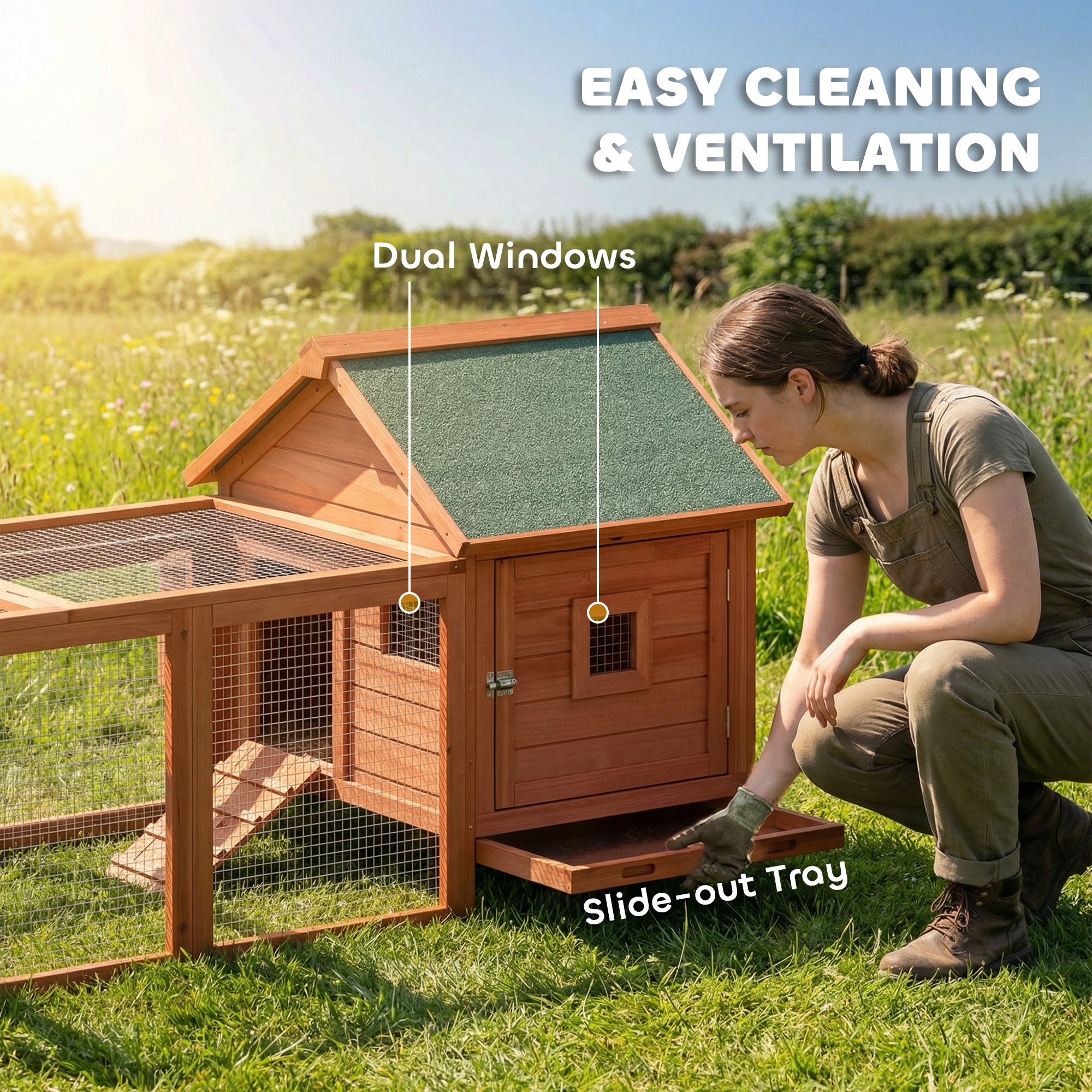 72" Chicken Coop, Wooden Hen House for 2 Chickens, Poultry Cage with Run, Nesting Box, Removable Tray, Waterproof Roof