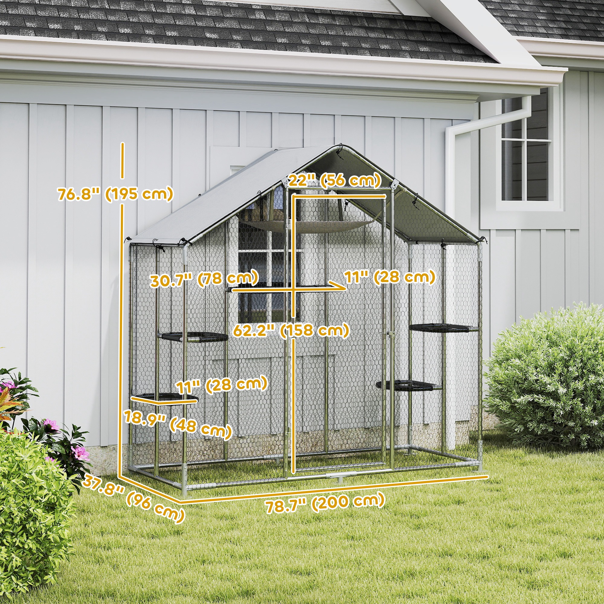 Large Catio Outdoor Cat Enclosure with Waterproof Cover, Walk-in Cat Patio w/ 5 Adjustable Platforms & Hammock 79" W