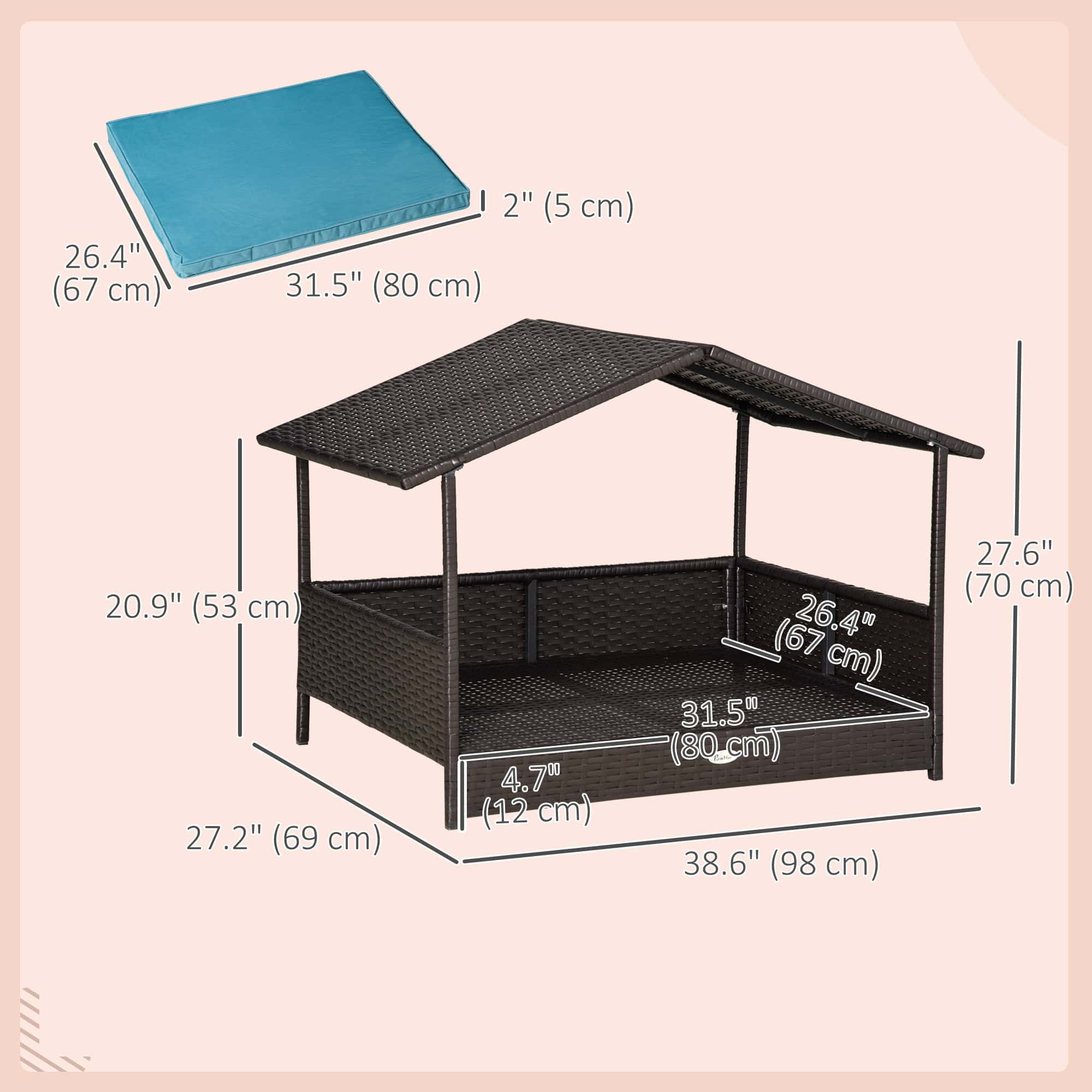 Rattan Dog House with Canopy, Wicker Dog Bed with Water-Resistant Cushion, for Small and Medium Breeds Blue