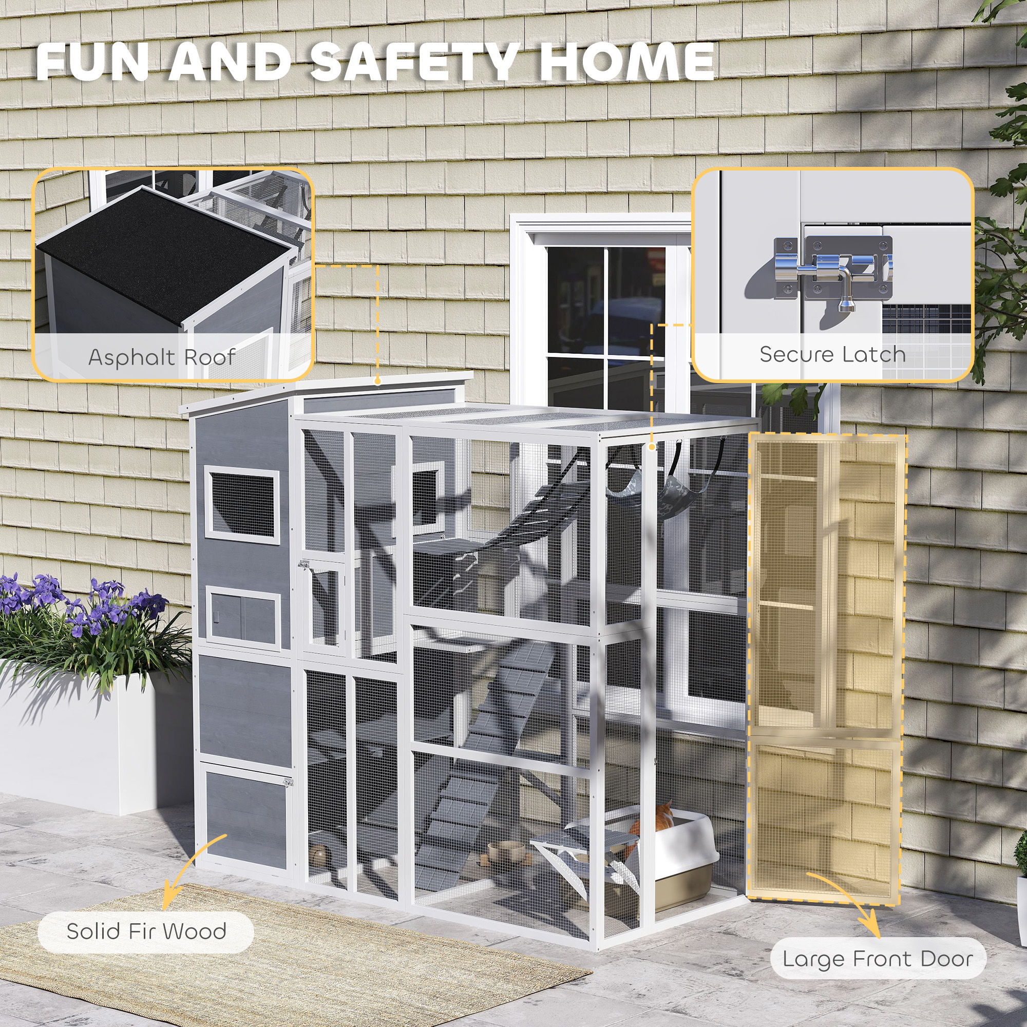 76" Catio Outdoor Cat Enclosure with Cat Condo, Jumping Platforms, Ladder, Ramps, Hammock for 2-3 Indoor Cats, Grey