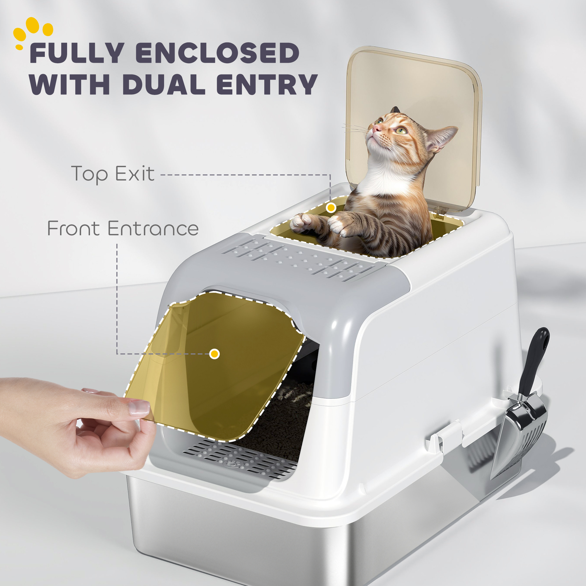 Extra Large Stainless Steel Litter Box, Enclosed Kitty Litter Box for Big Cats with Scoop, Deodorizer Bag