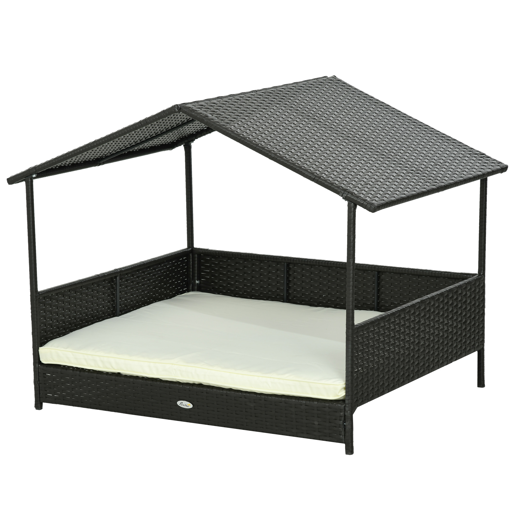 Rattan Dog House with Canopy, Wicker Dog Bed with Water-Resistant Cushion, for Small and Medium Breeds Cream White