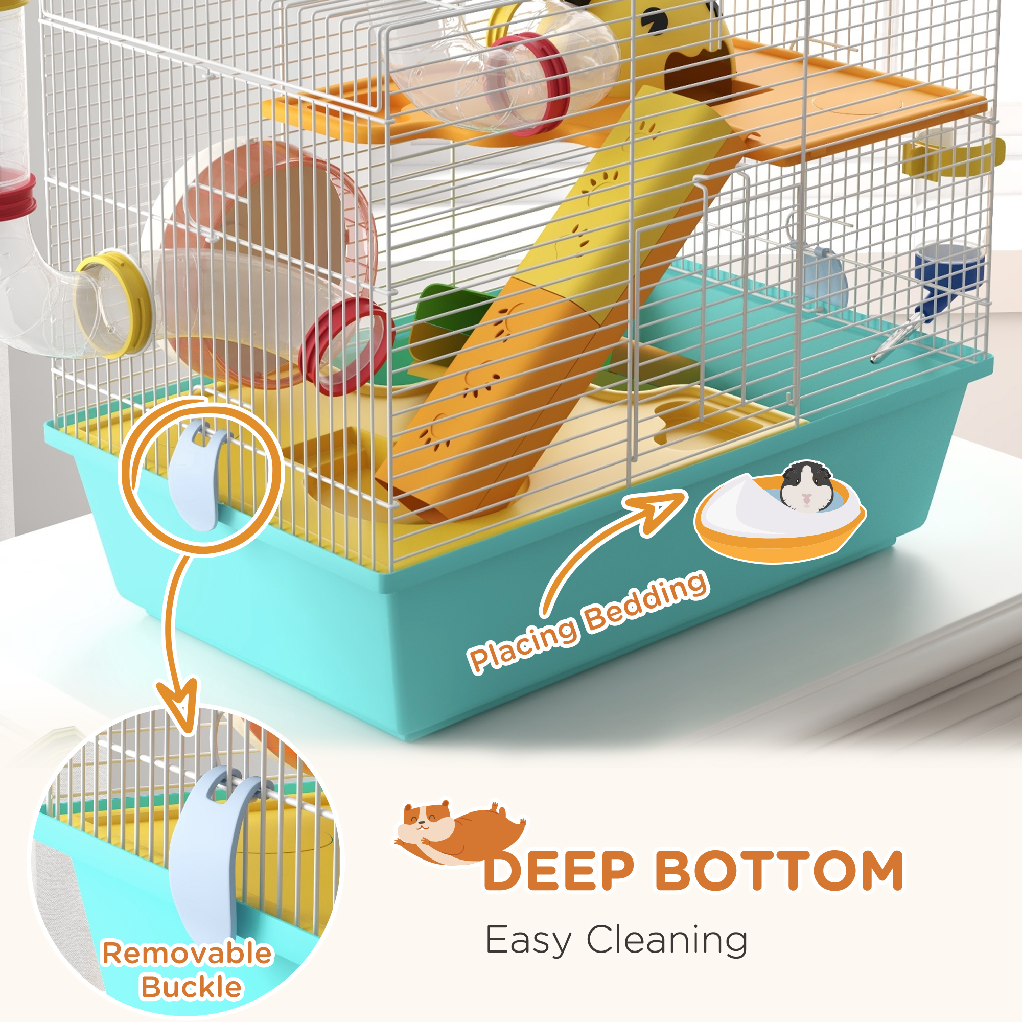 3 Tiers Hamster Cage for Gerbil, Dwarf Hamster with Tunnels, Water Bottle, Exercise Wheel, 18" x 11" x 15" - Light Blue