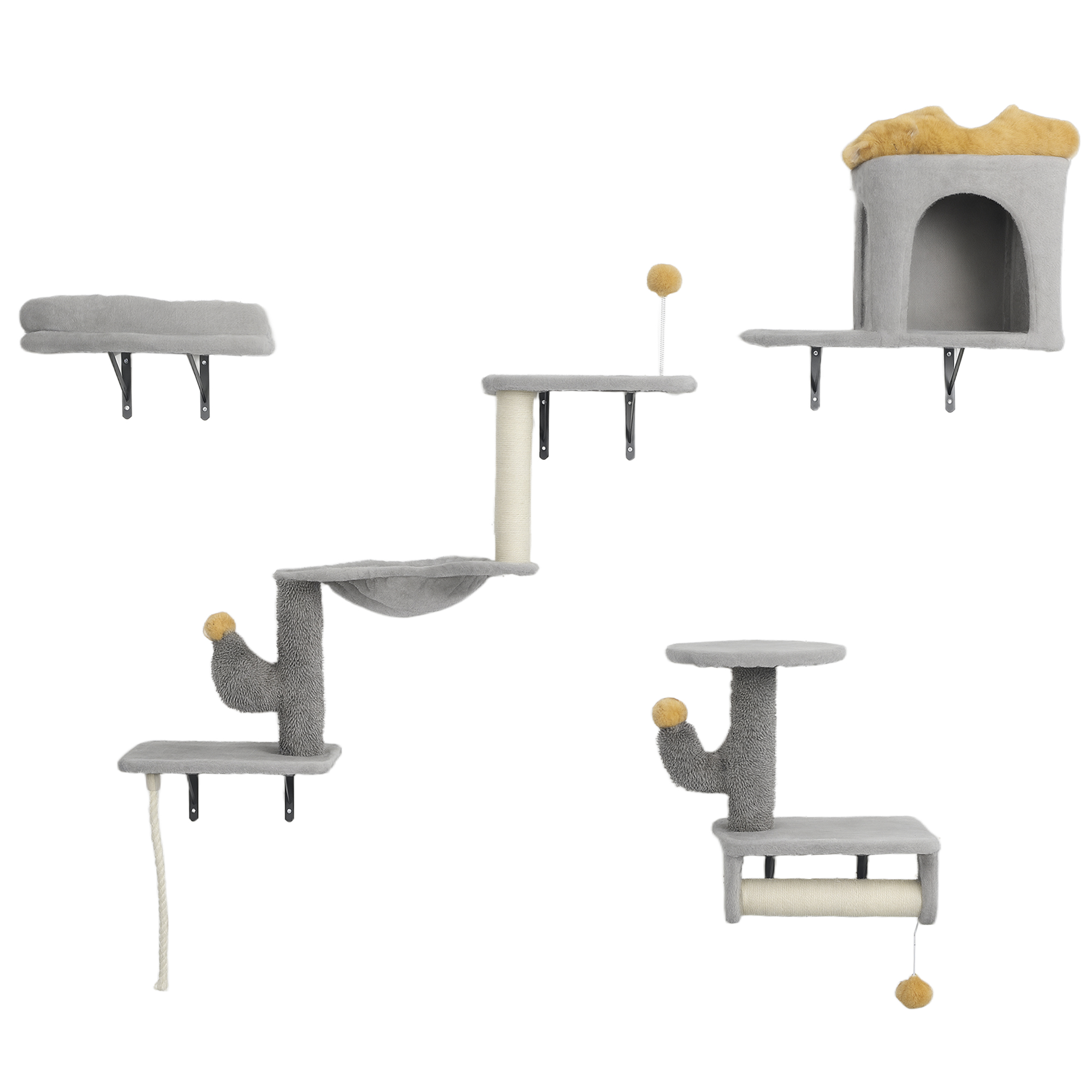 Cat Wall Shelves, 4 Pcs Cat Wall Furniture Set with Scratching Posts, Condo, Hammock, Perchs, Light Grey